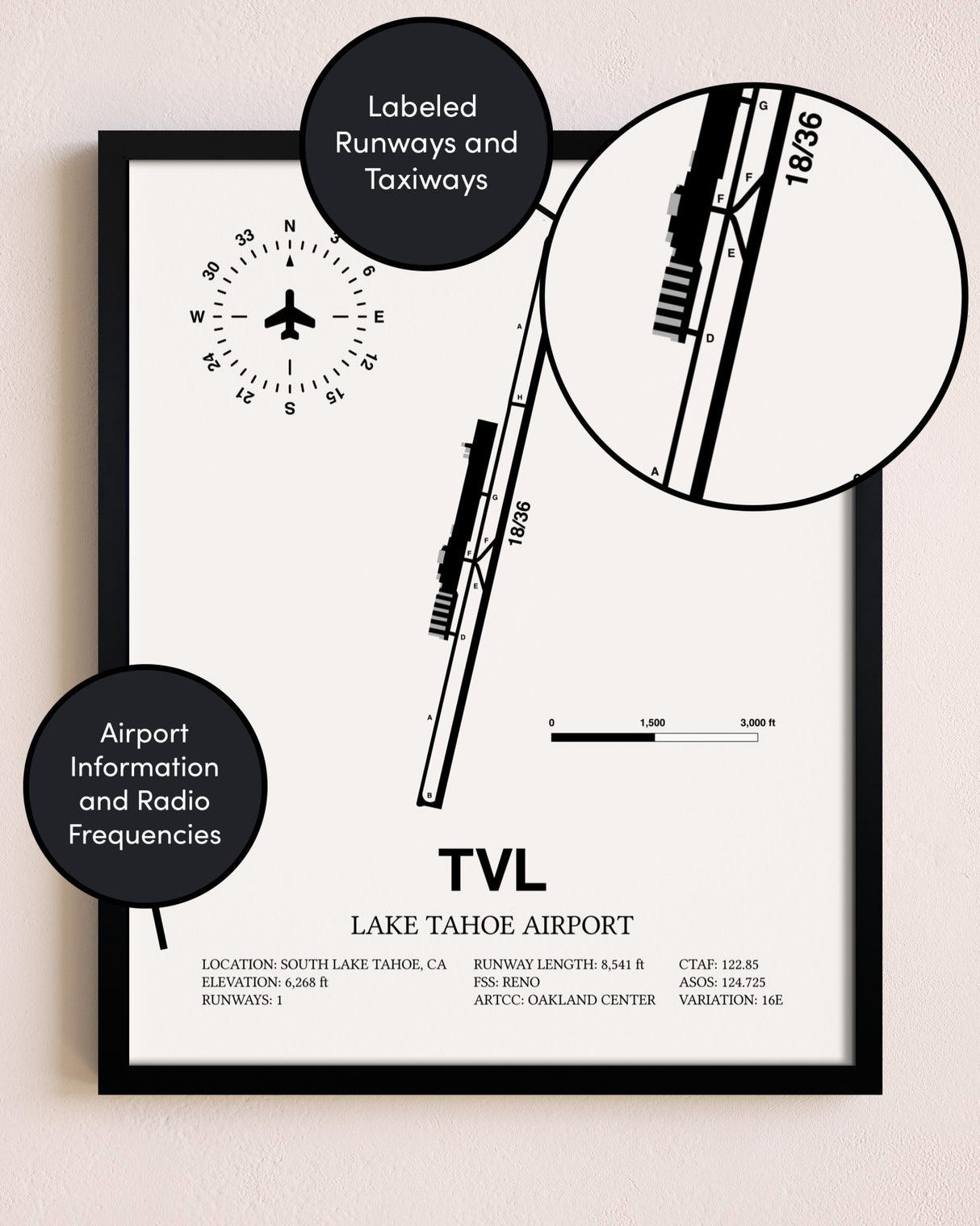 Framed Lake Tahoe Airport layout wall art poster