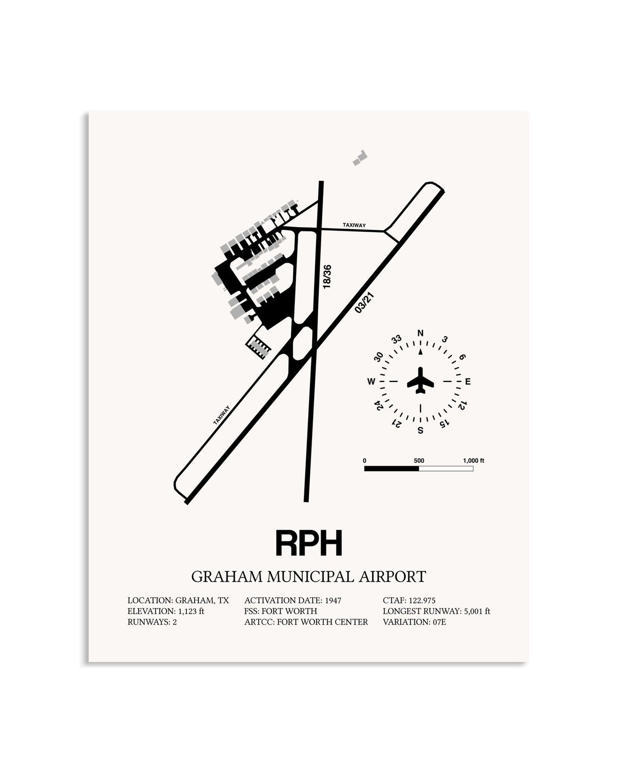 Gray Graham Municipal Airport framed poster displayed in an airplane hangar