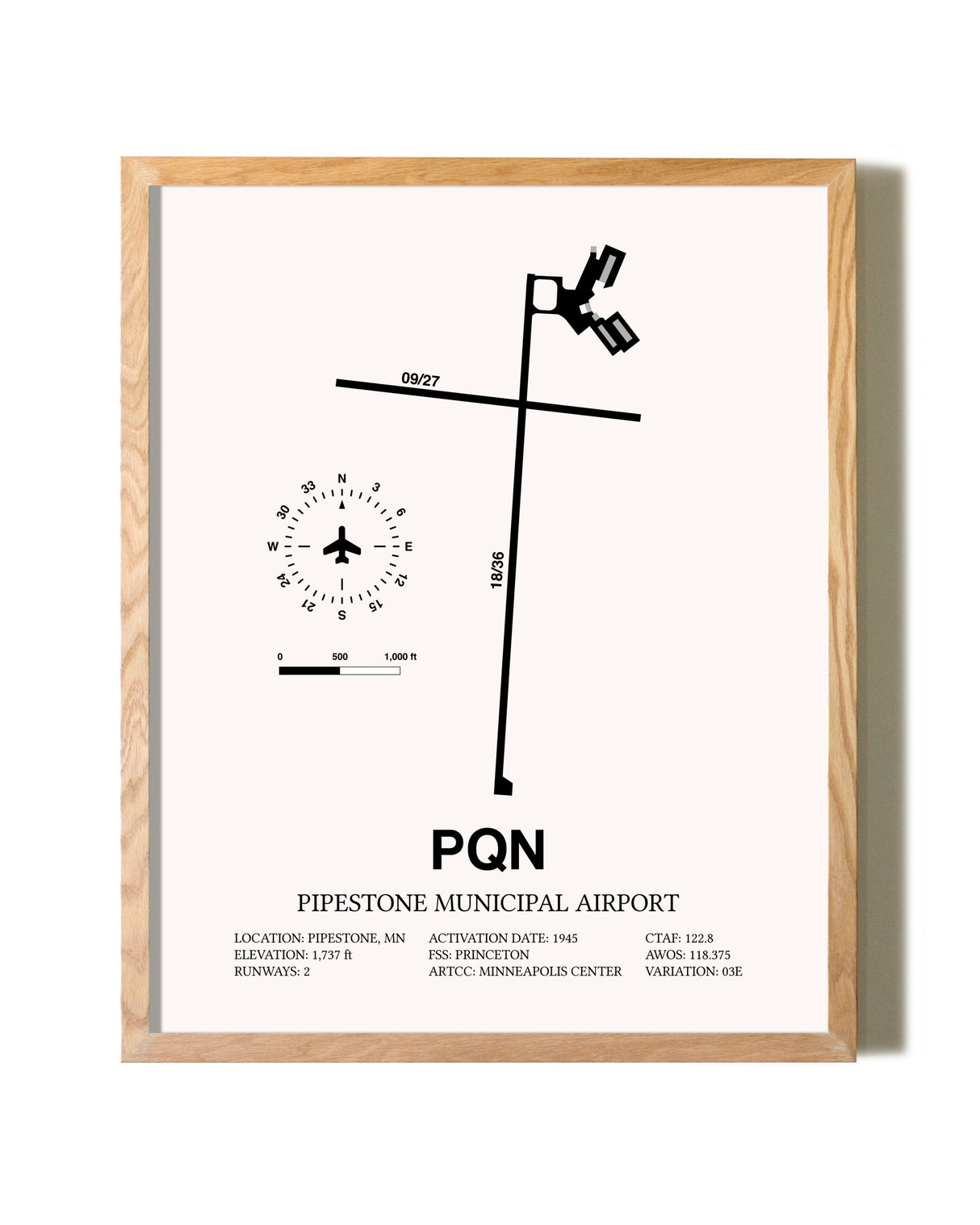 Pipestone Municipal Airport framed print in natural wood frame