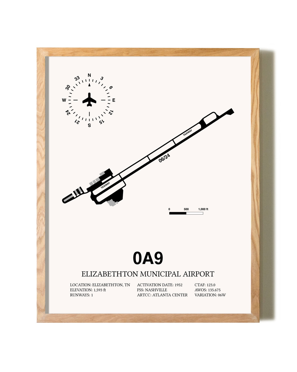 Elizabethton Municipal Airport framed print in natural wood frame