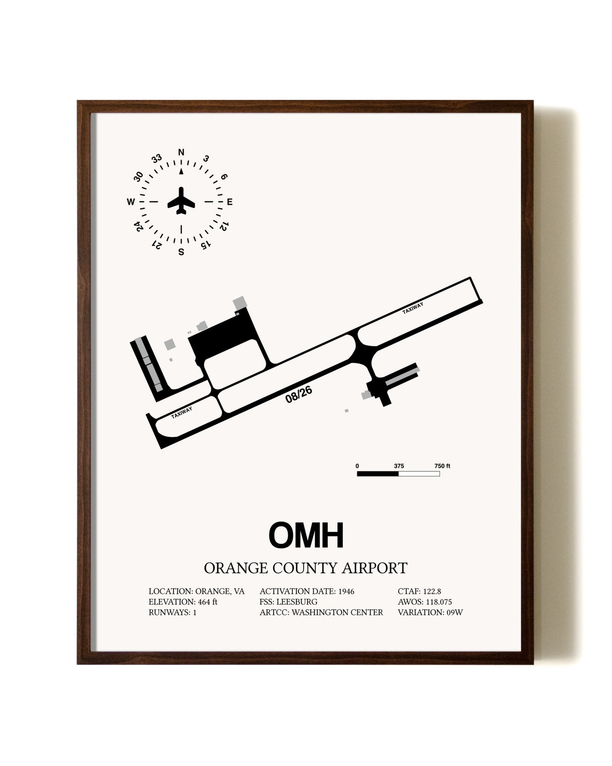 Orange County Airport aviation print in walnut frame