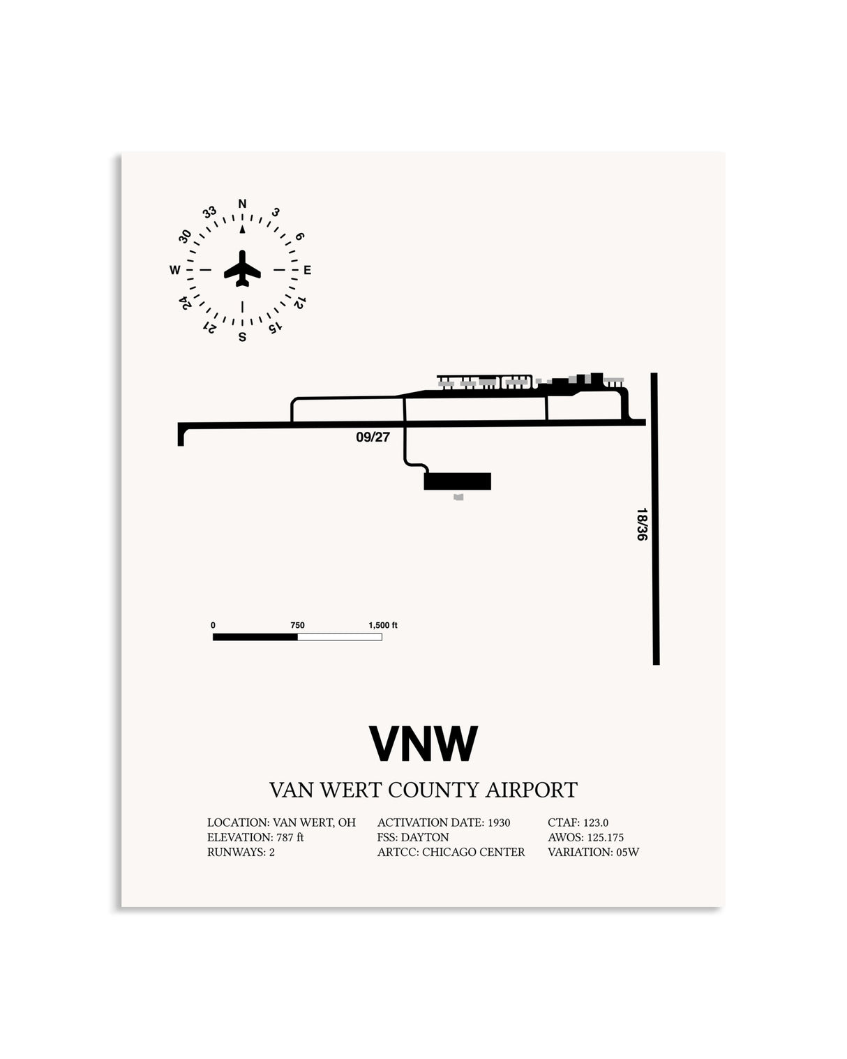 Gray Van Wert County Airport framed poster displayed in an airplane hangar