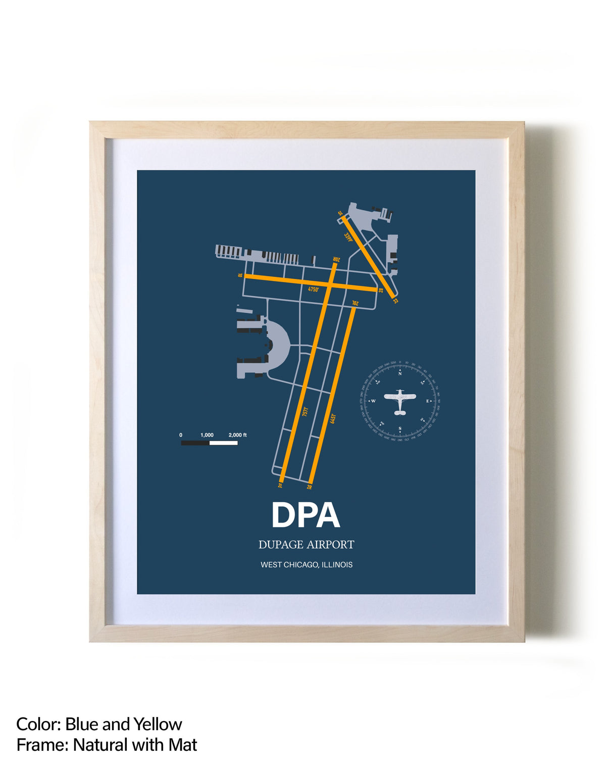 DuPage Airport framed print in natural wood frame with mat
