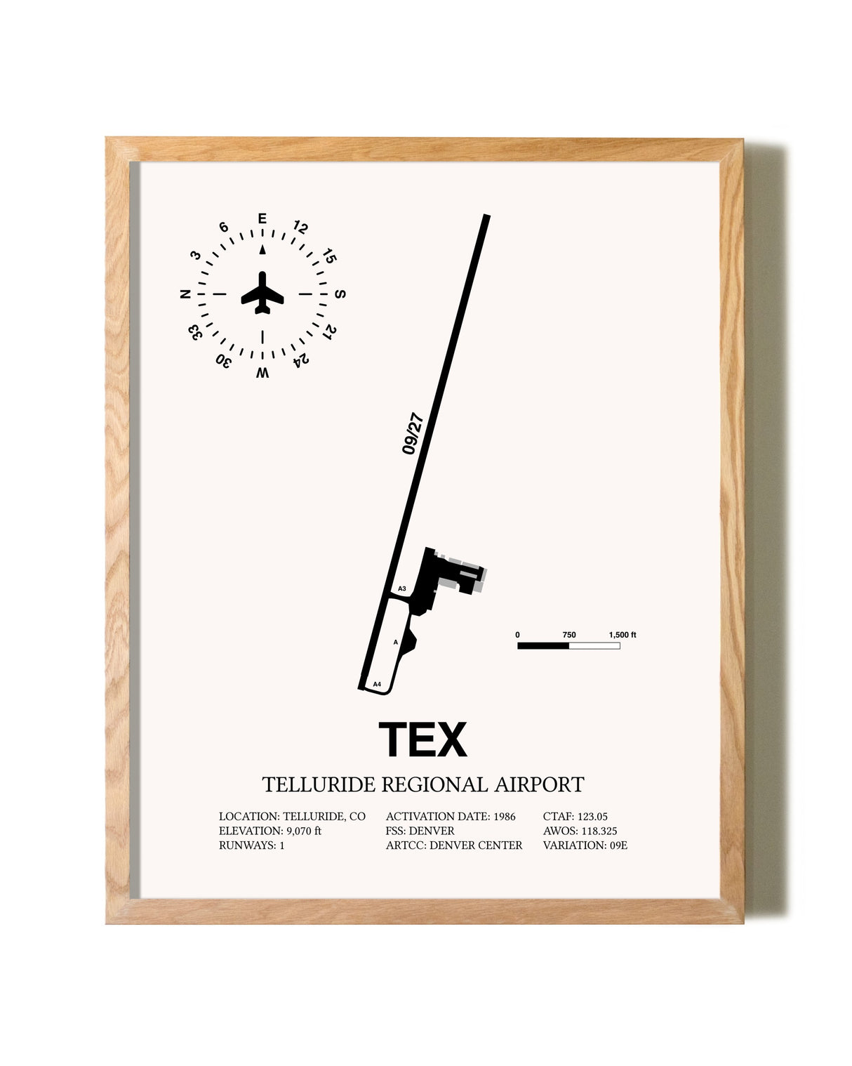 Telluride Regional Airport framed print in natural wood frame