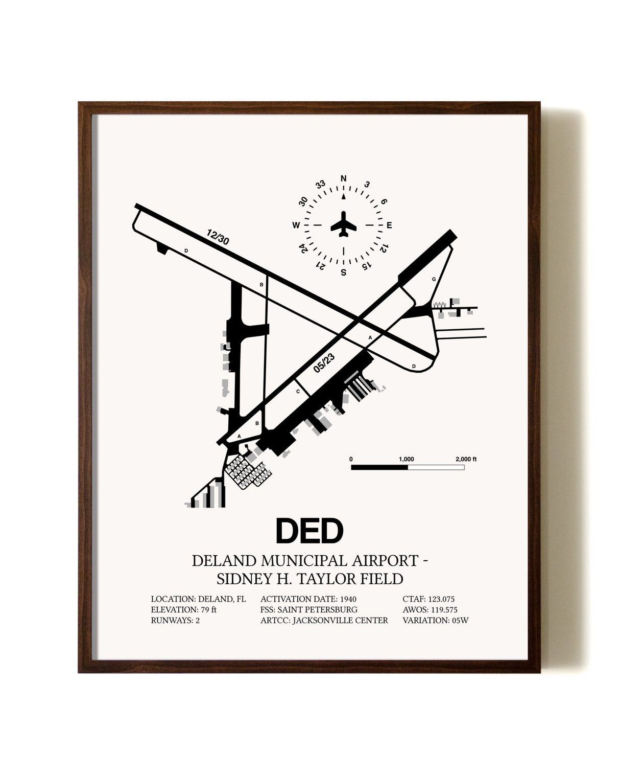 Deland Municipal Airport-Sidney H Taylor Field aviation print in walnut frame