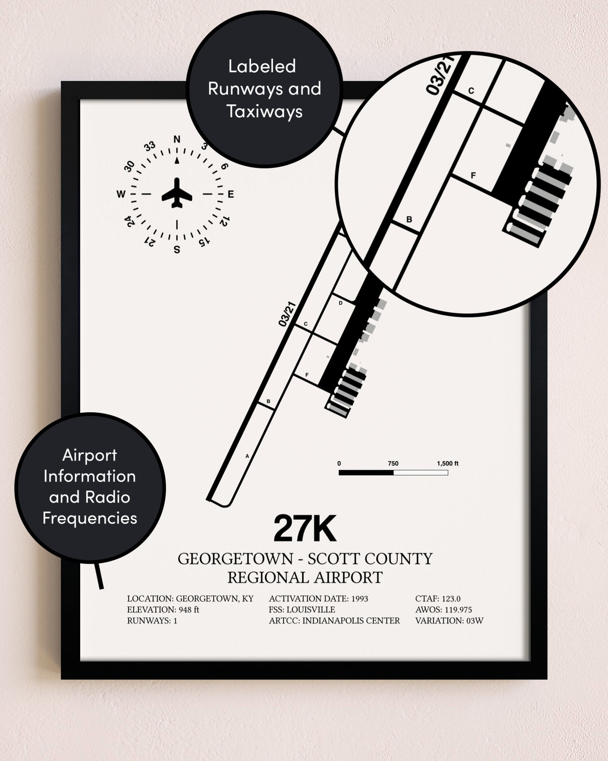 Framed Georgetown - Scott County Regional Airport layout wall art poster