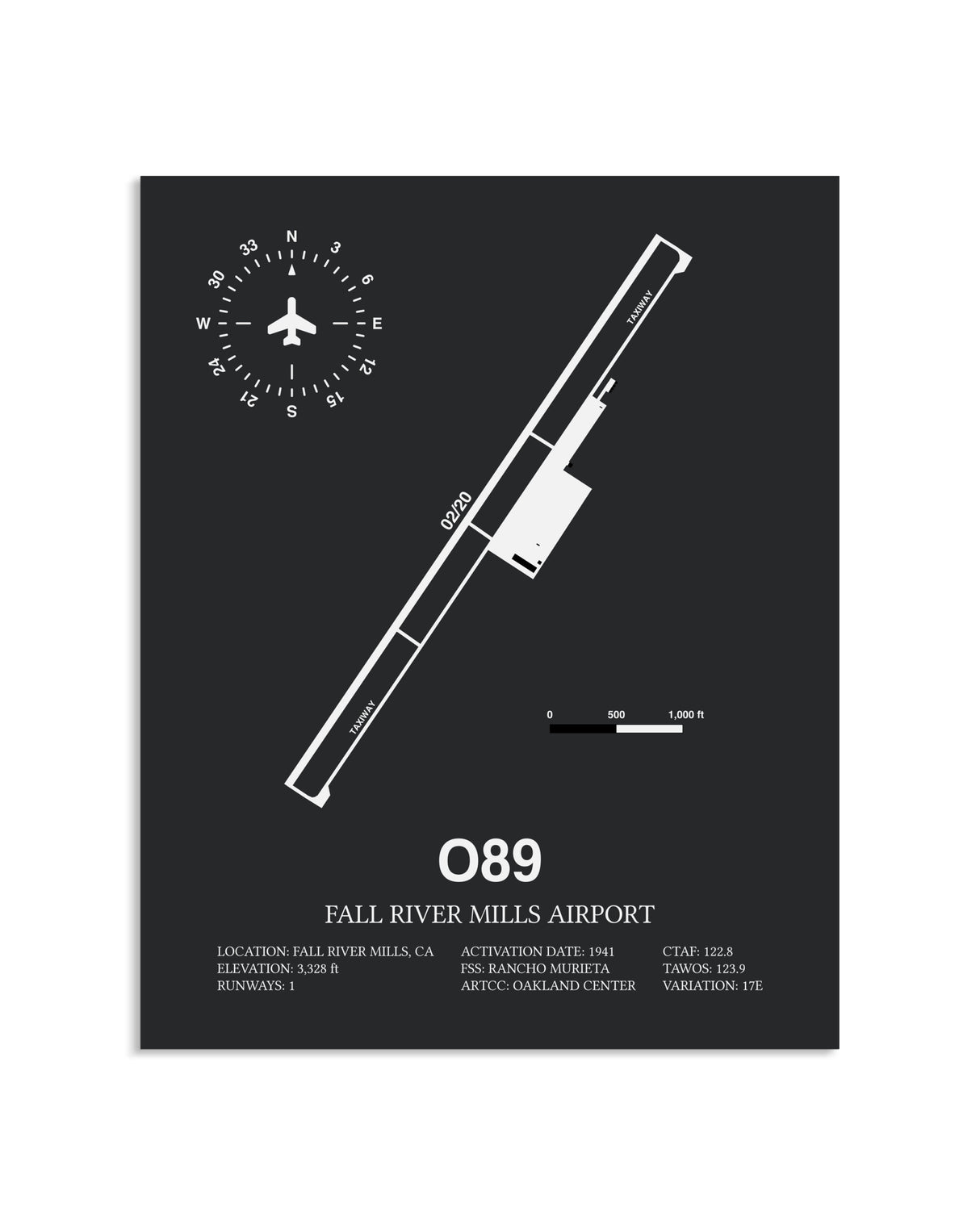 Gray Framed Fall River Mills Airport layout wall art poster