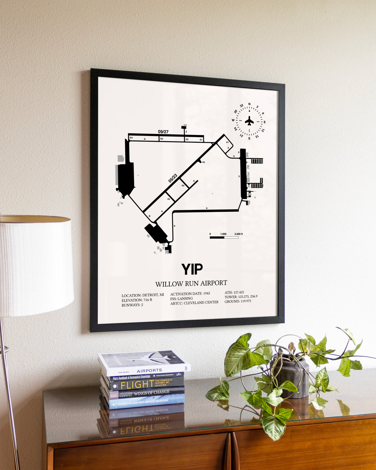 Willow Run Airport aviation wall décor in black wood frame