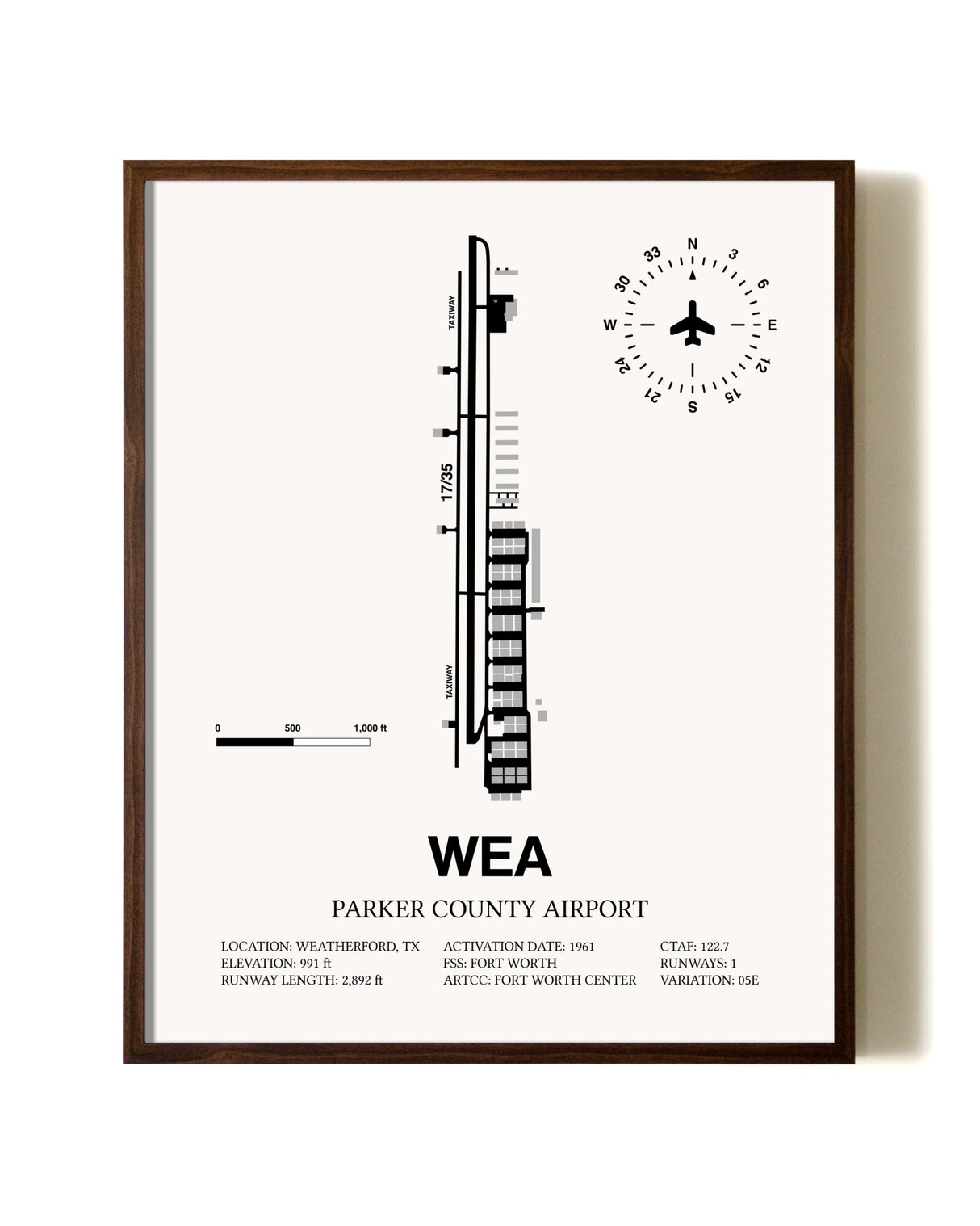 Parker County Airport aviation print in walnut frame