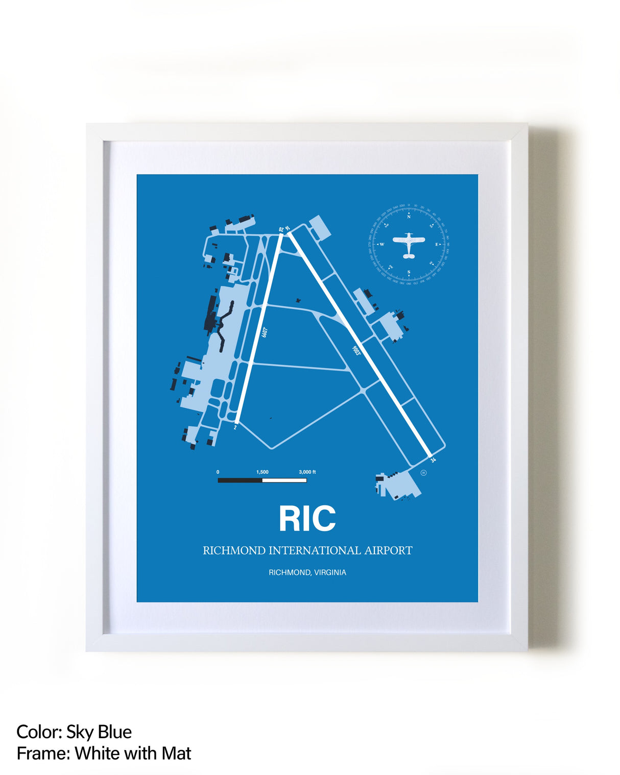 Richmond International Airport framed wall art in white frame with mat