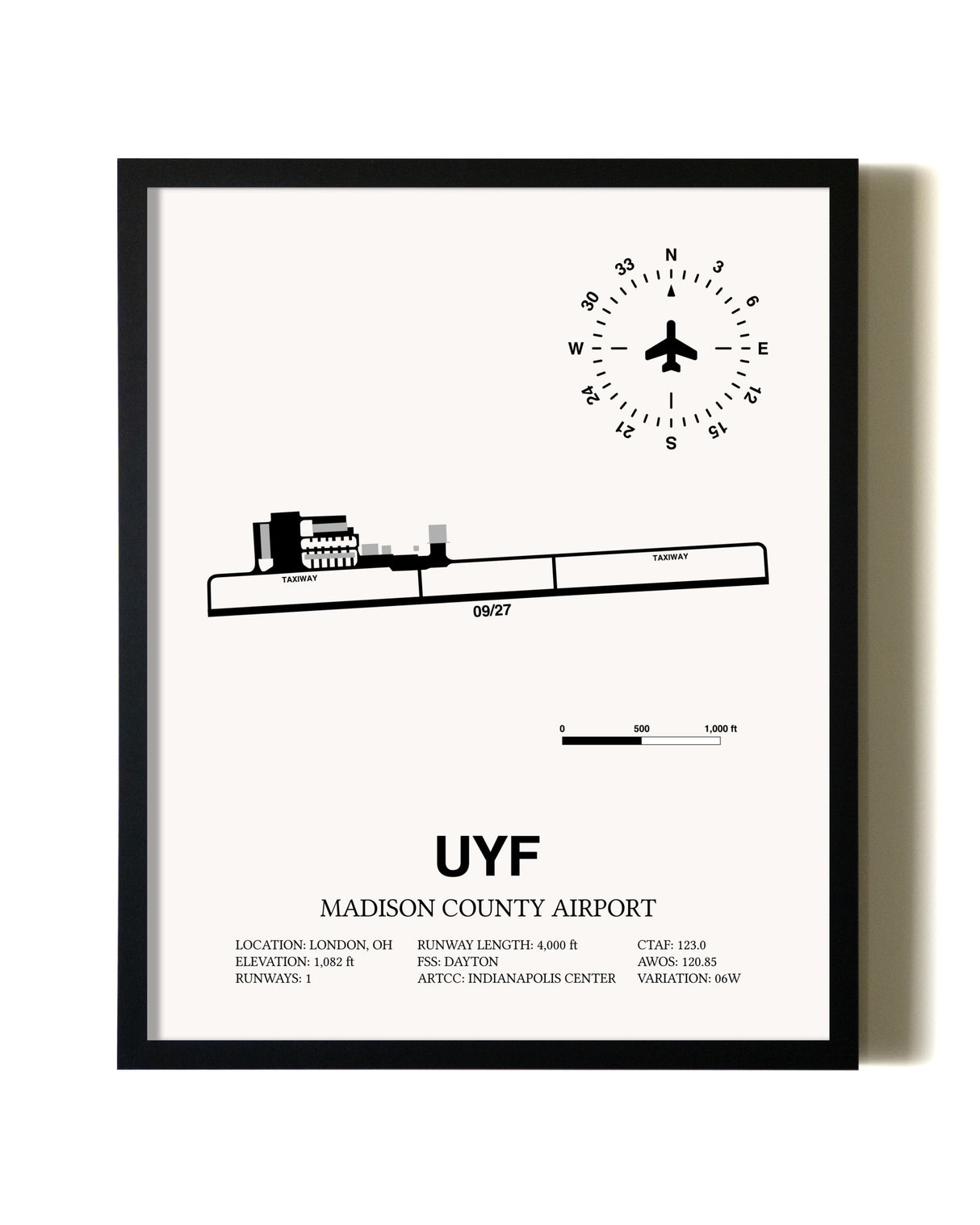 Framed Madison County Airport wall art poster in black frame