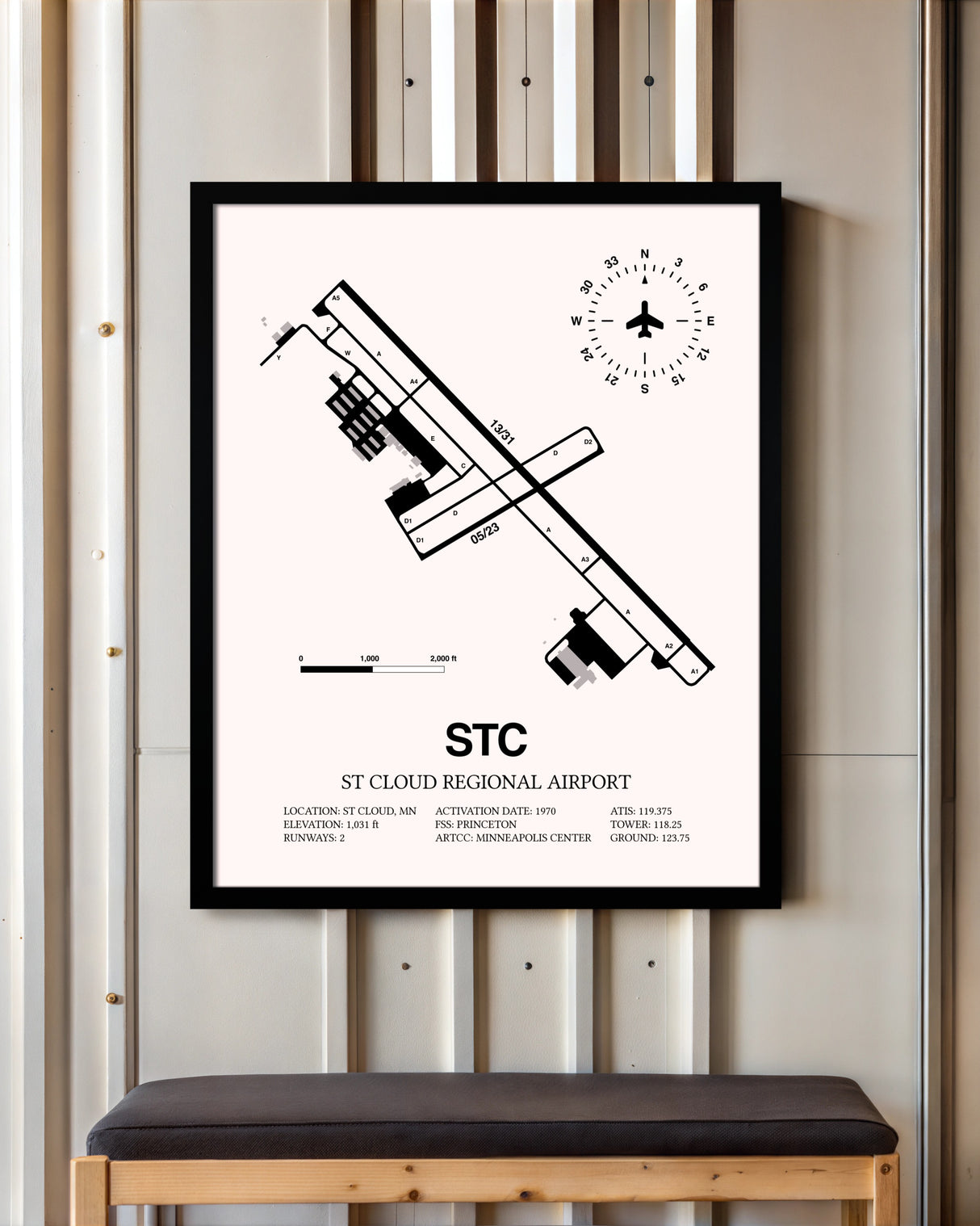 St. Cloud Regional Airport framed poster displayed in an airplane hangar