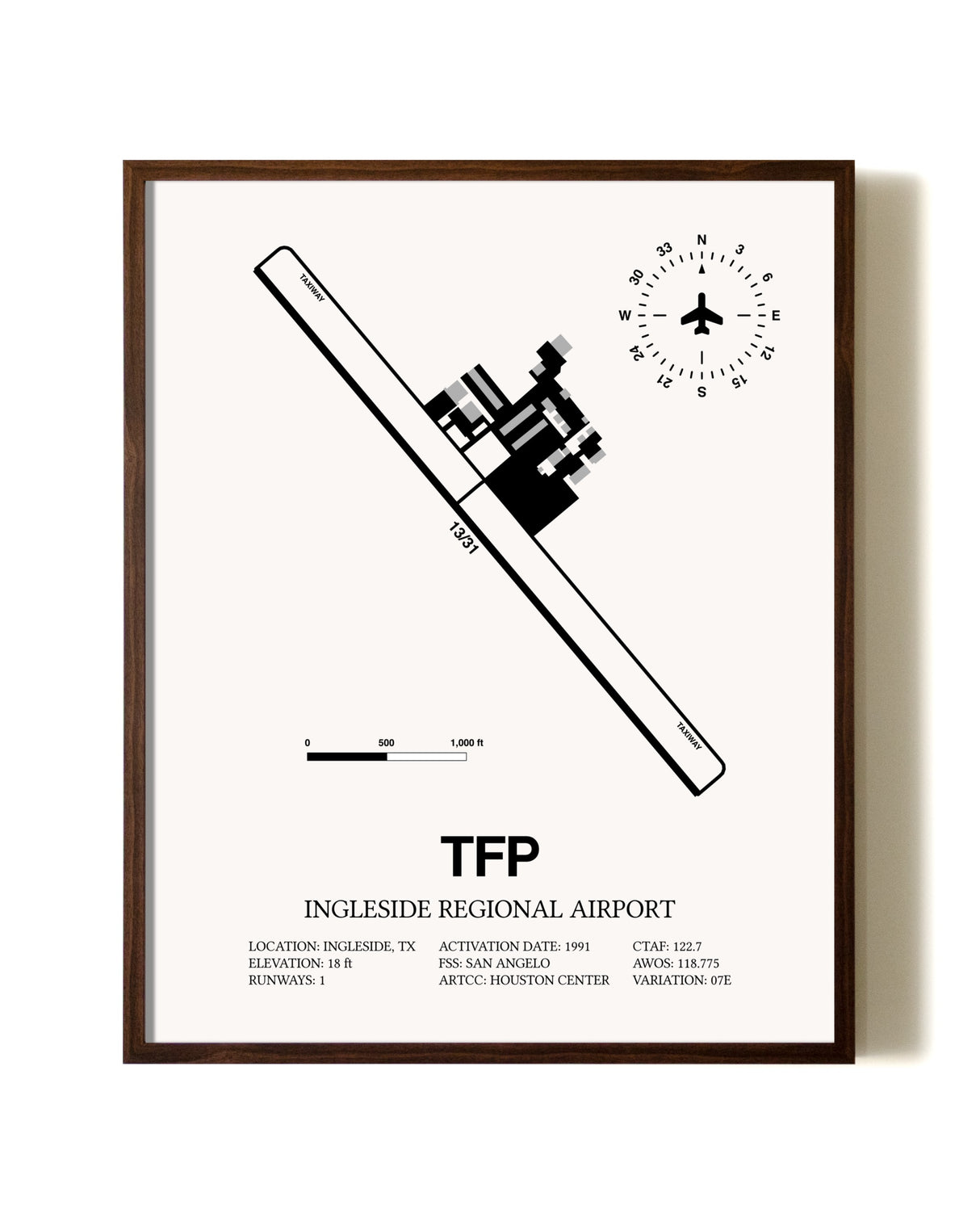 Ingleside Regional Airport aviation print in walnut frame