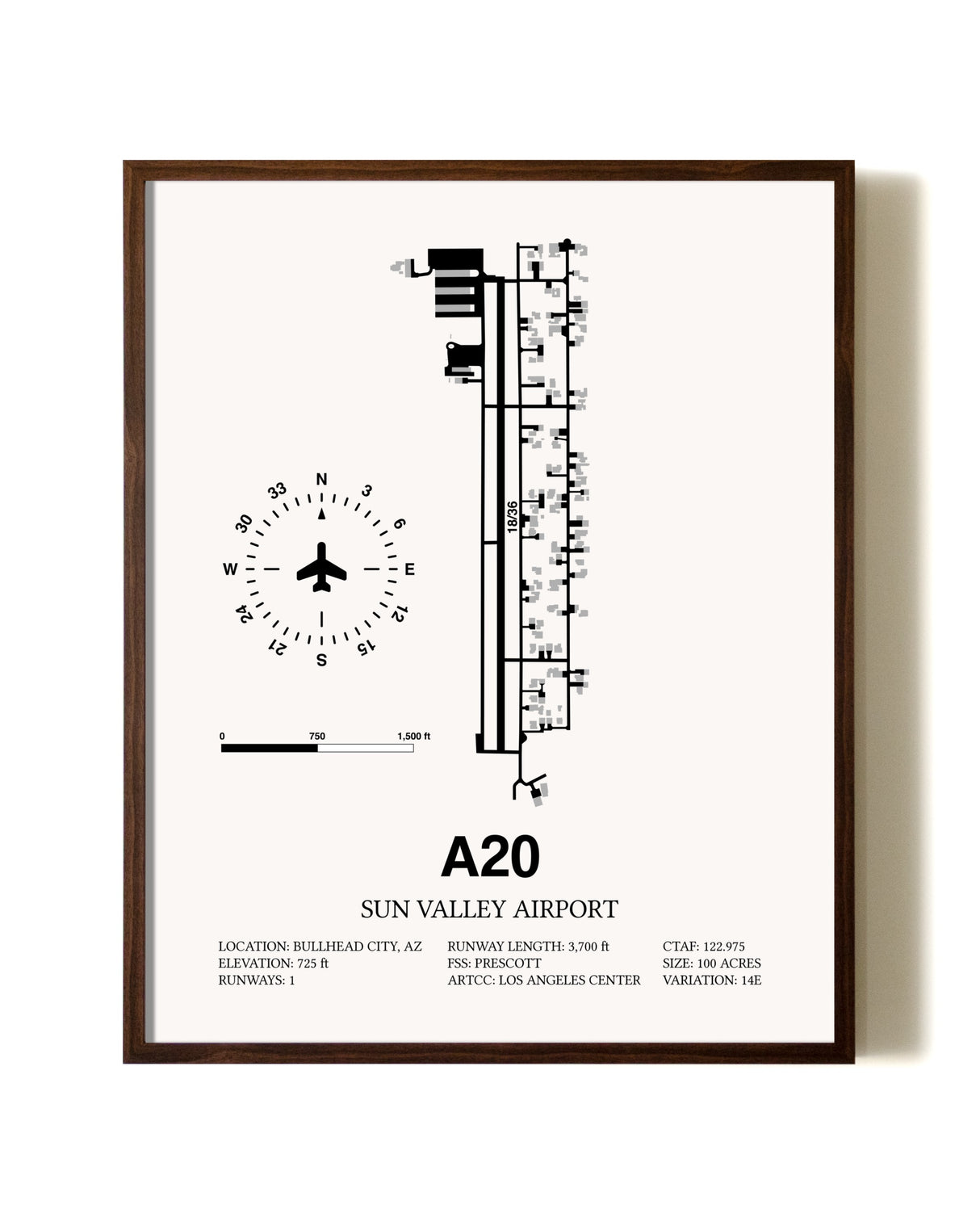 Sun Valley Airport aviation print in walnut frame