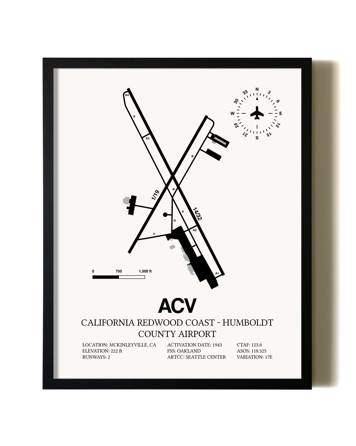 Framed California Redwood Coast - Humboldt County Airport wall art poster in black frame