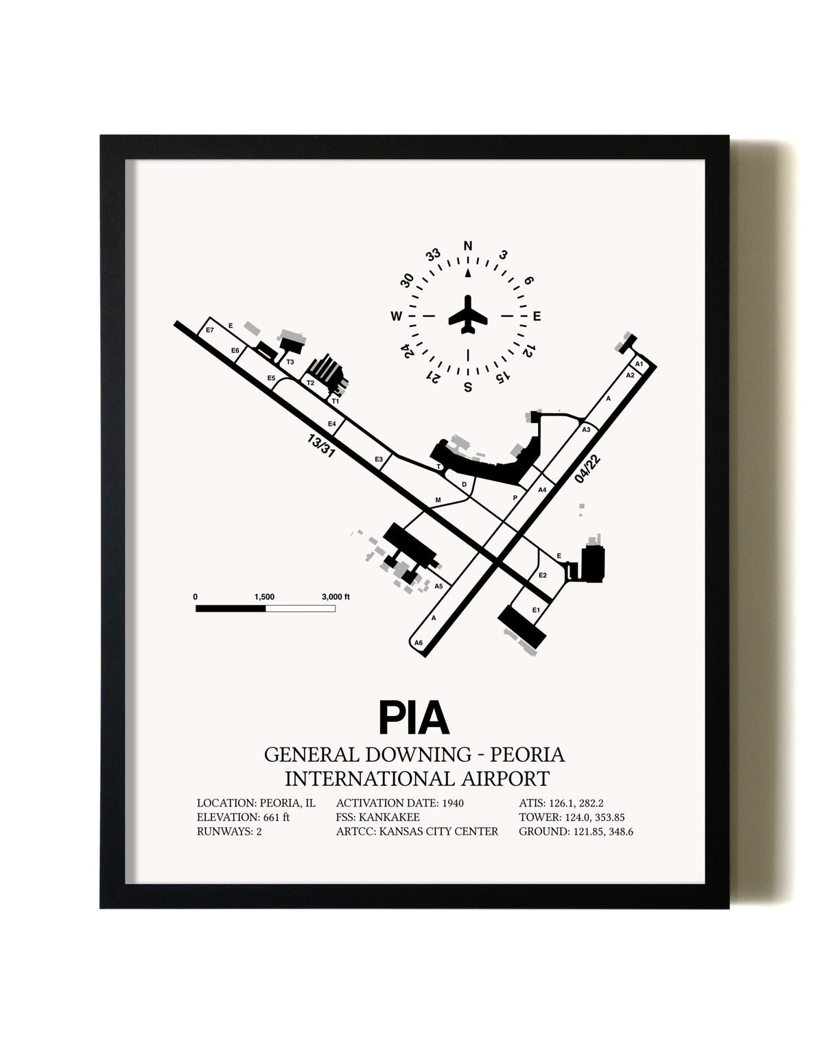 Framed General Downing-Peoria International Airport wall art poster in black frame
