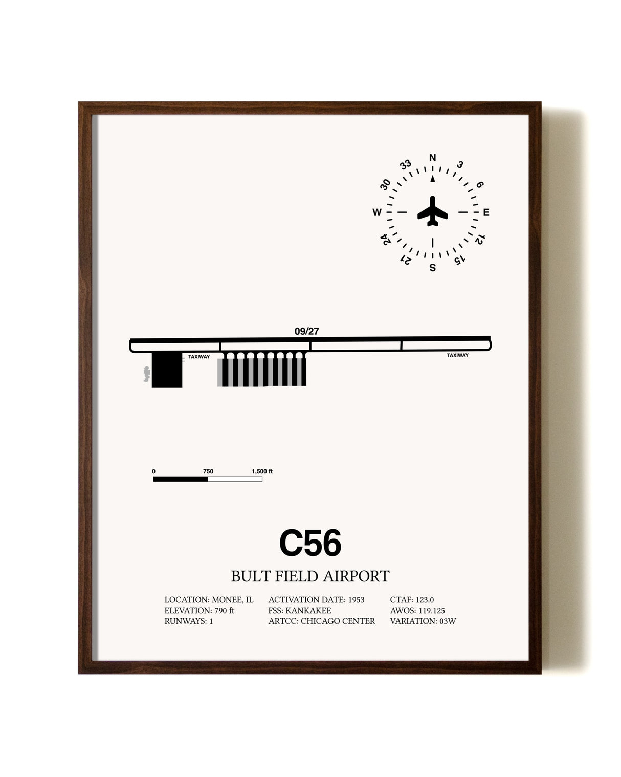 Bult Field Airport aviation print in walnut frame
