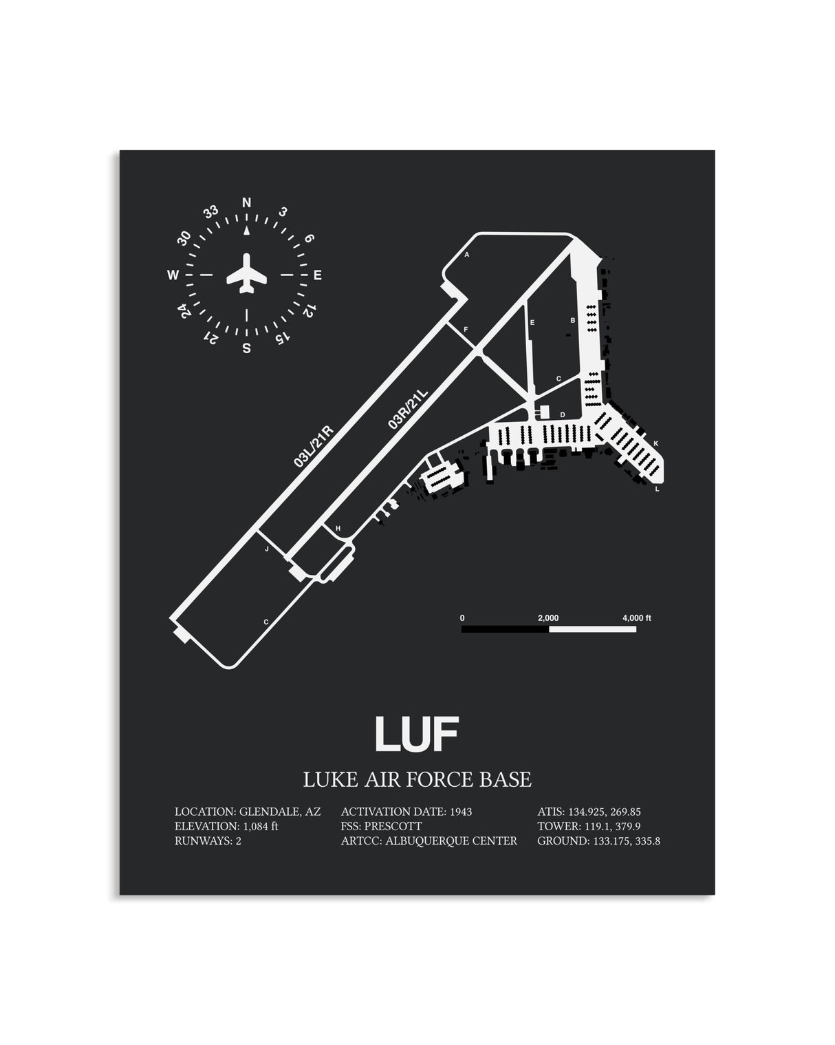 Gray Framed Luke Air Force Base layout wall art poster