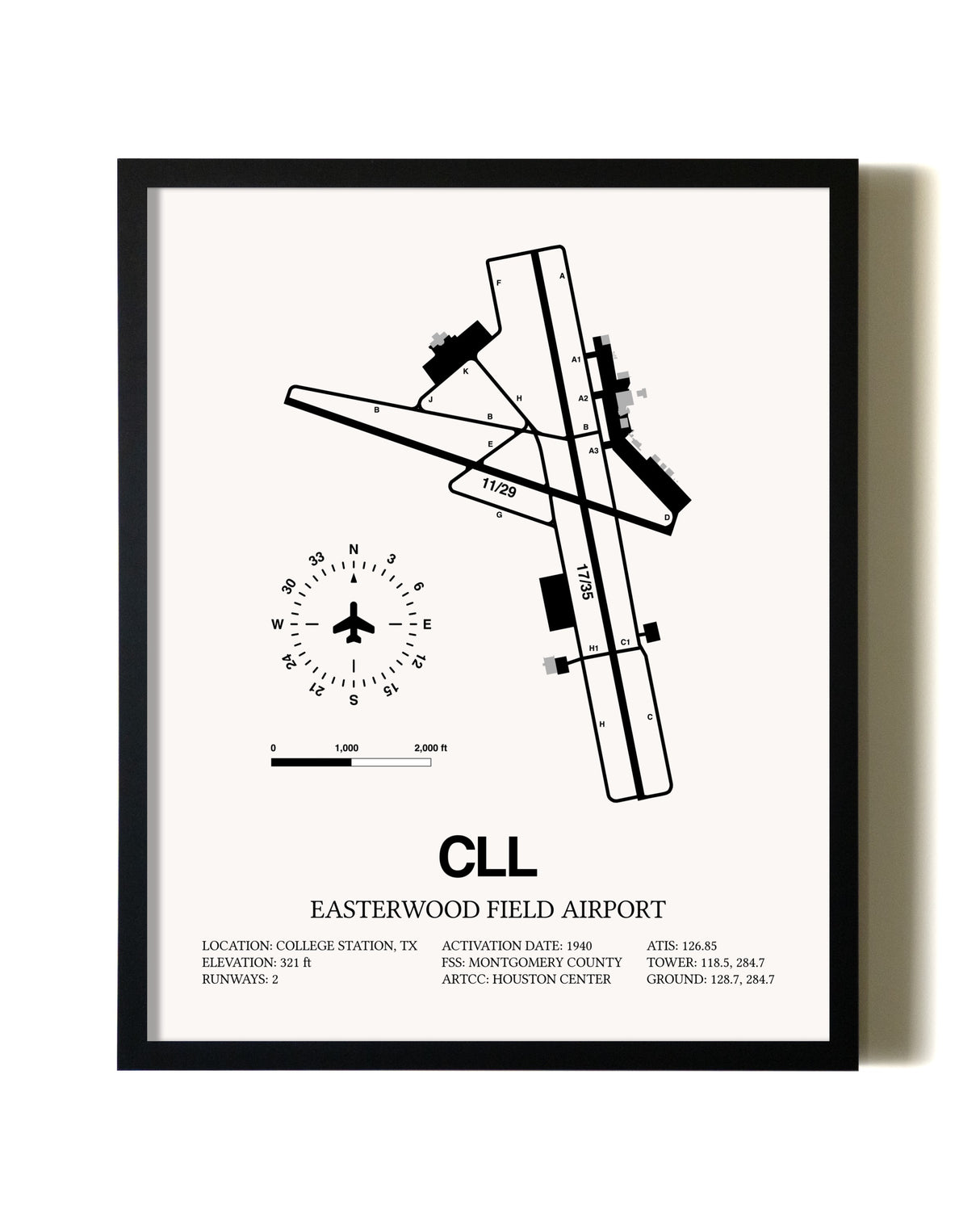 Framed Easterwood Field Airport wall art poster in black frame