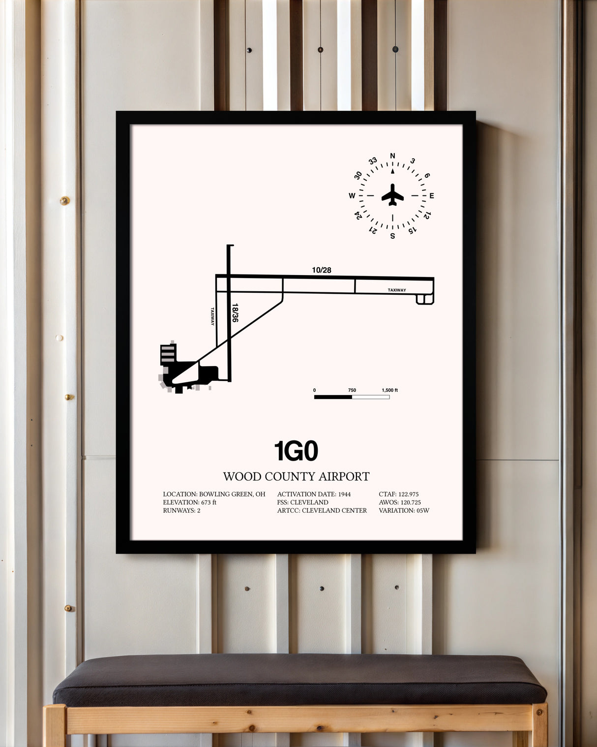 Wood County Airport framed poster displayed in an airplane hangar
