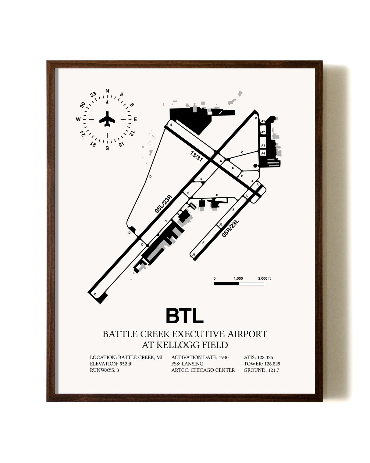 Battle Creek Executive Airport At Kellogg Field aviation print in walnut frame