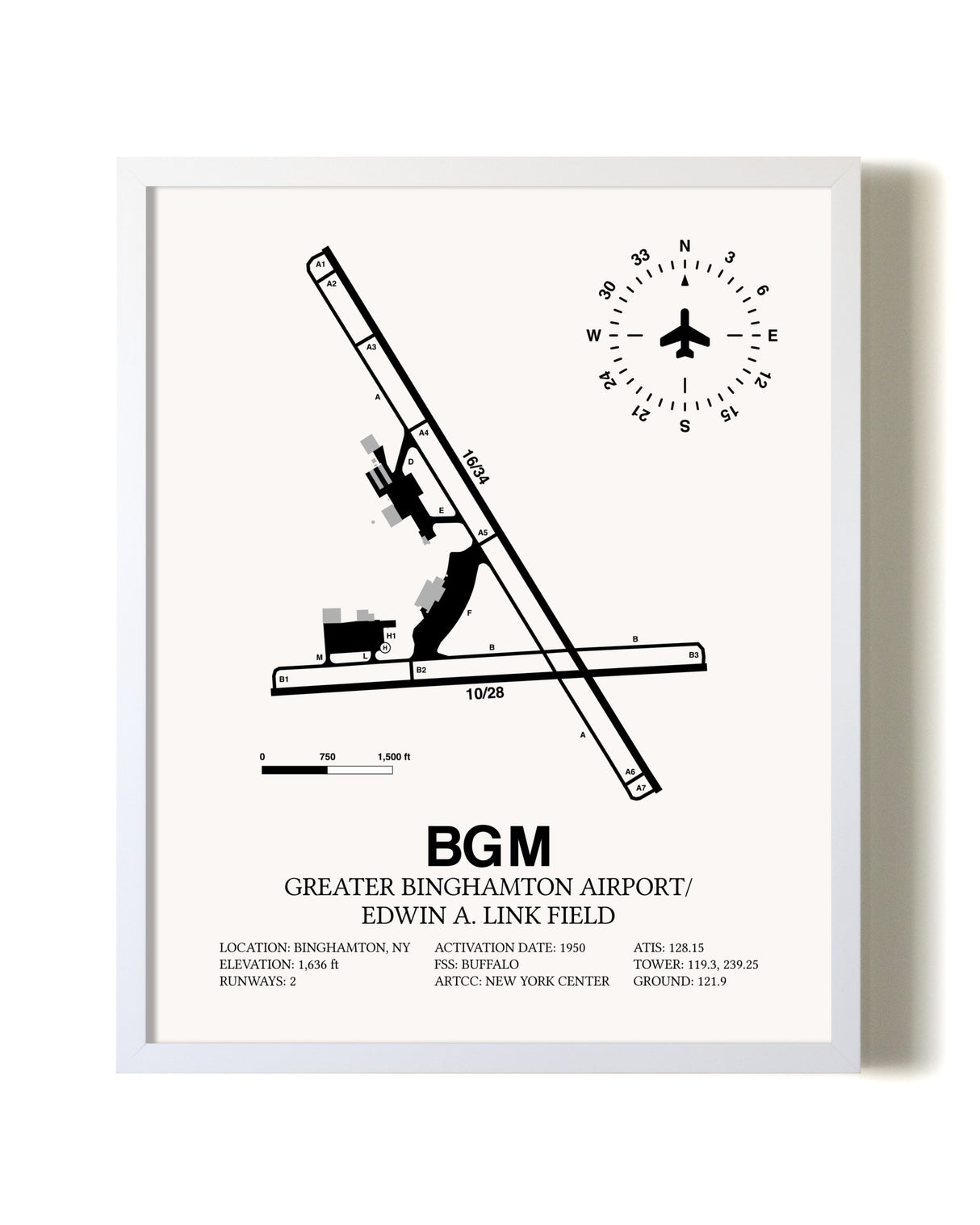 Greater Binghamton Airport / Edwin A. Link Field airport map poster in oak frame