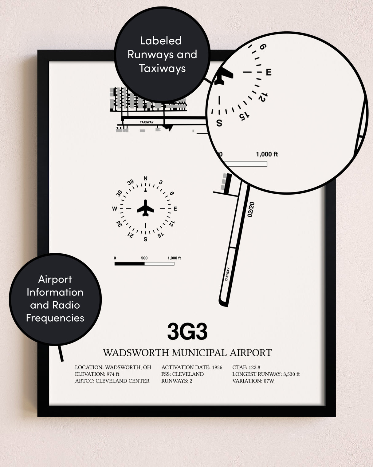 Framed Wadsworth Municipal Airport layout wall art poster