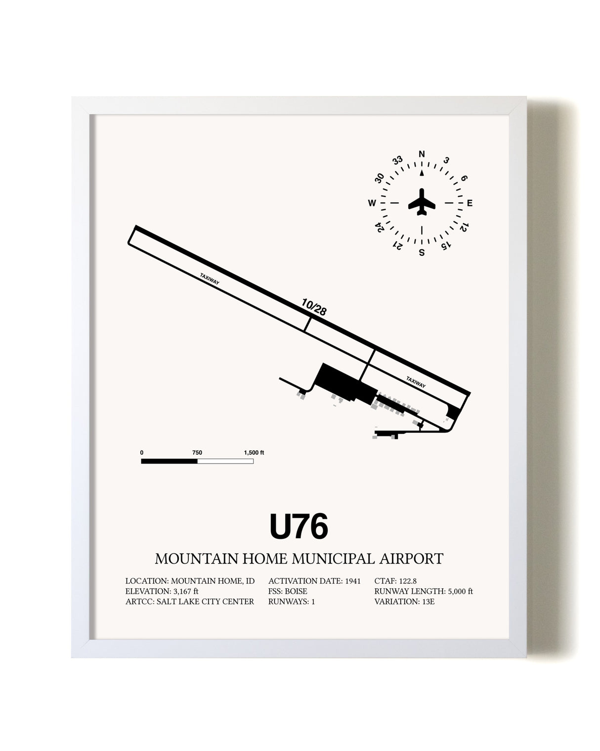 Mountain Home Municipal Airport airport map poster in oak frame