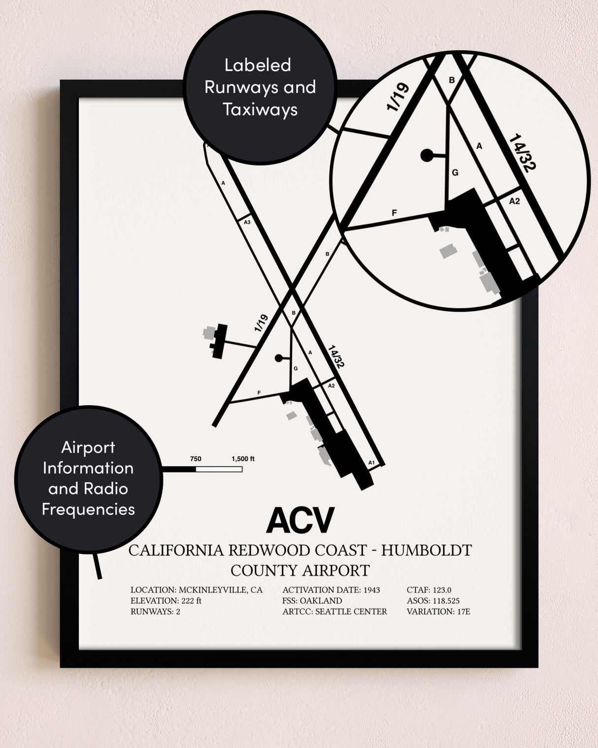 Framed California Redwood Coast - Humboldt County Airport layout wall art poster