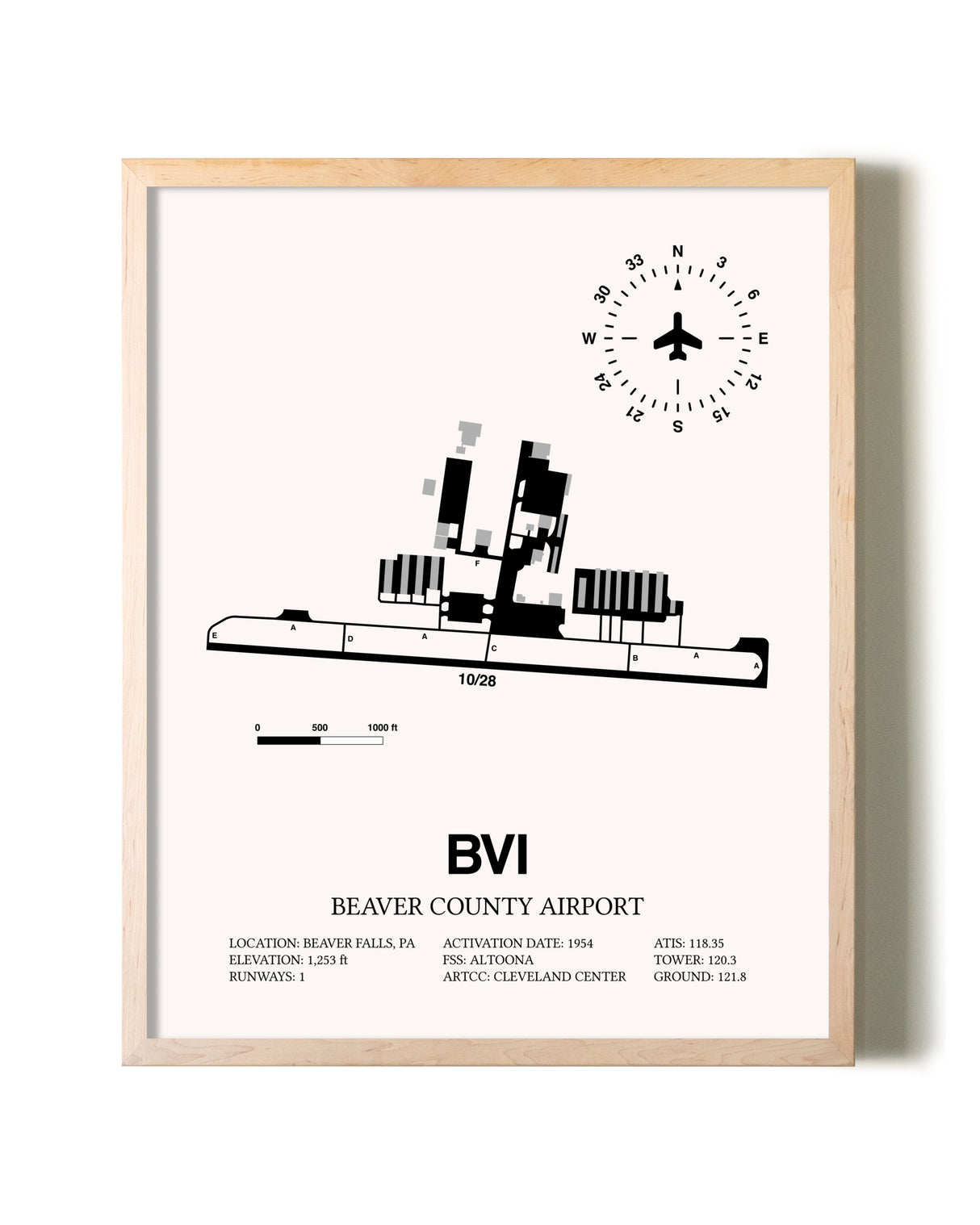 Beaver County Airport framed wall art in white frame