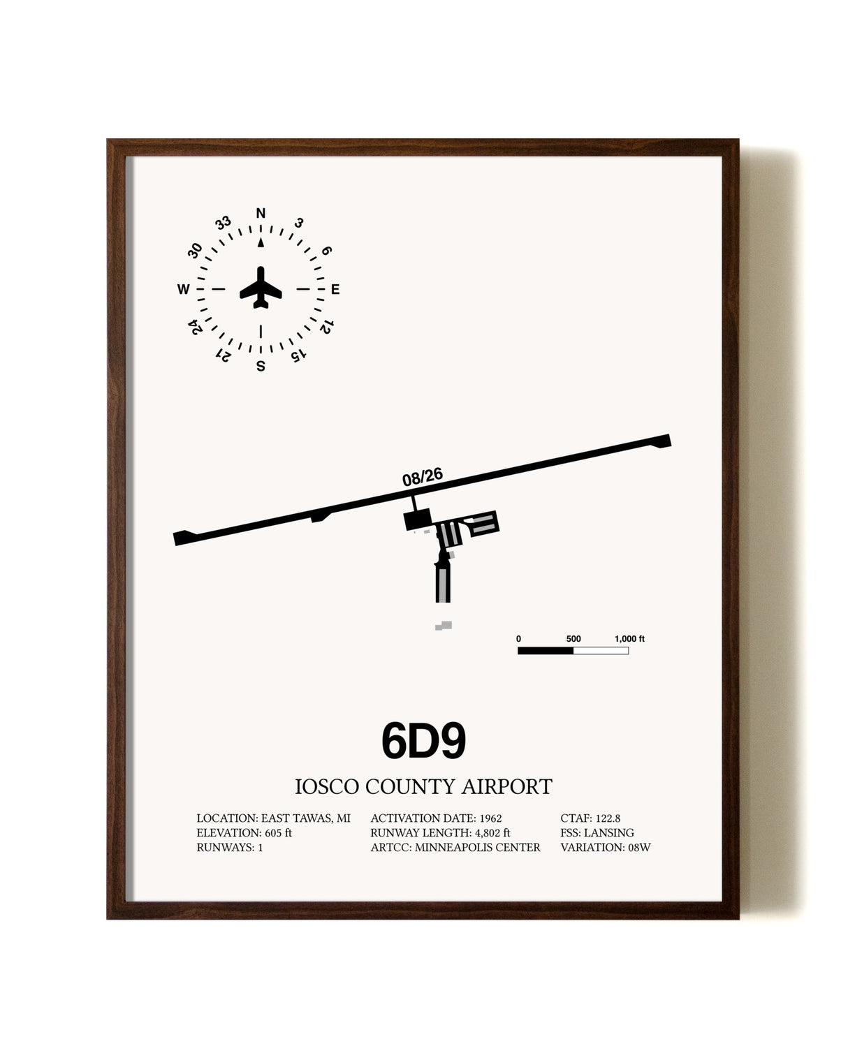 Iosco County Airport aviation print in walnut frame