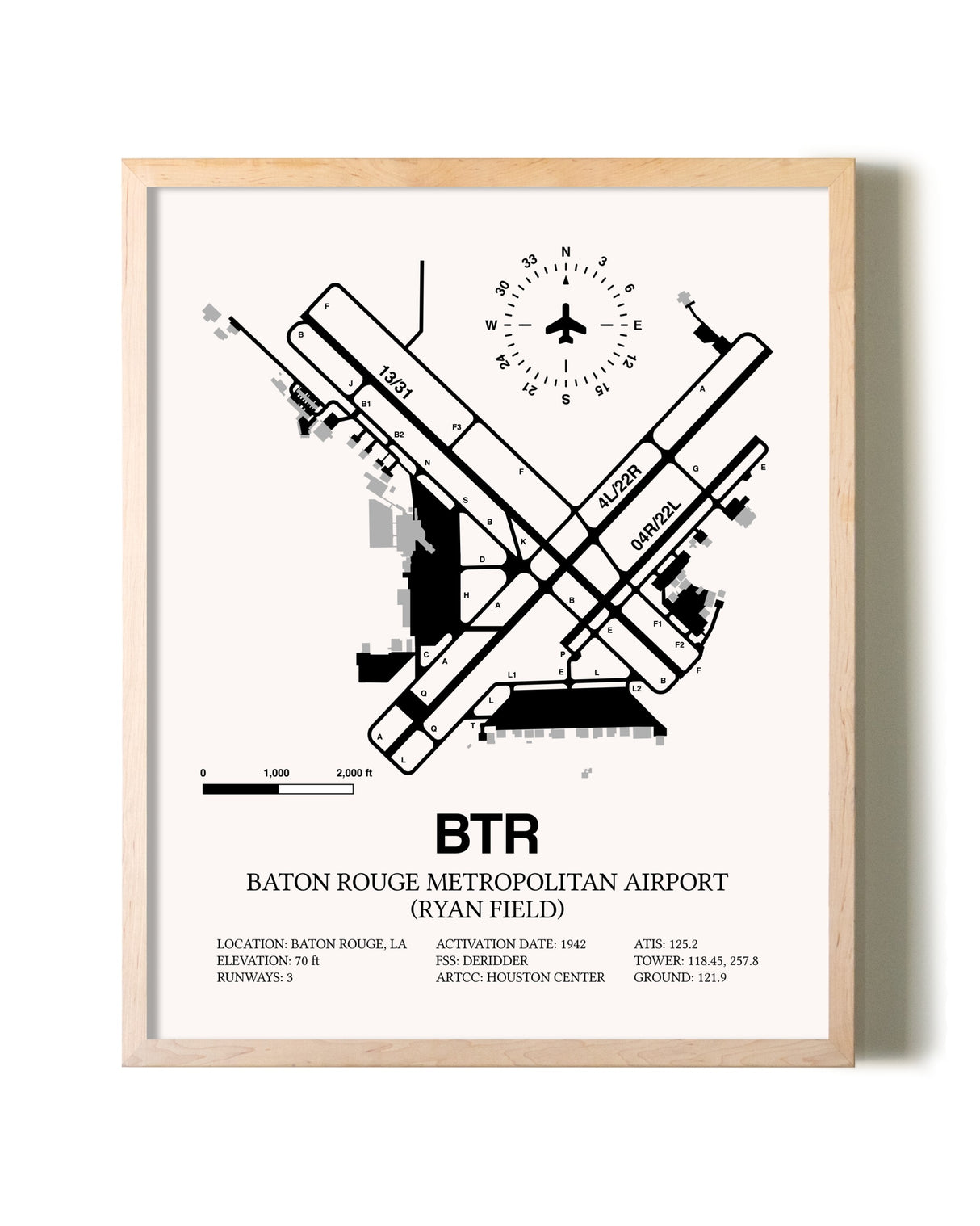 Baton Rouge Metropolitan Airport (Ryan Field) framed wall art in white frame