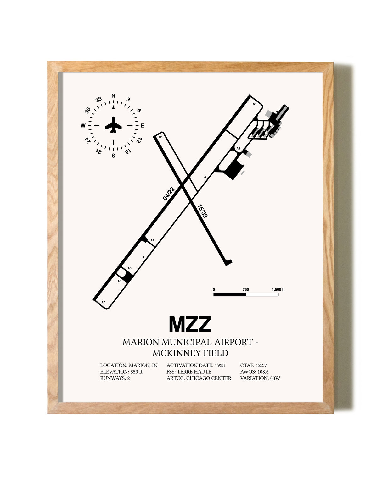 Marion Municipal Airport-McKinney Field framed print in natural wood frame