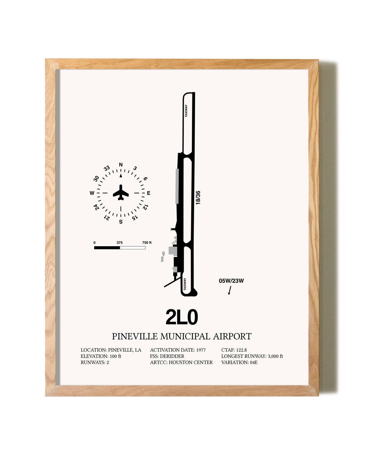 Pineville Municipal Airport framed print in natural wood frame