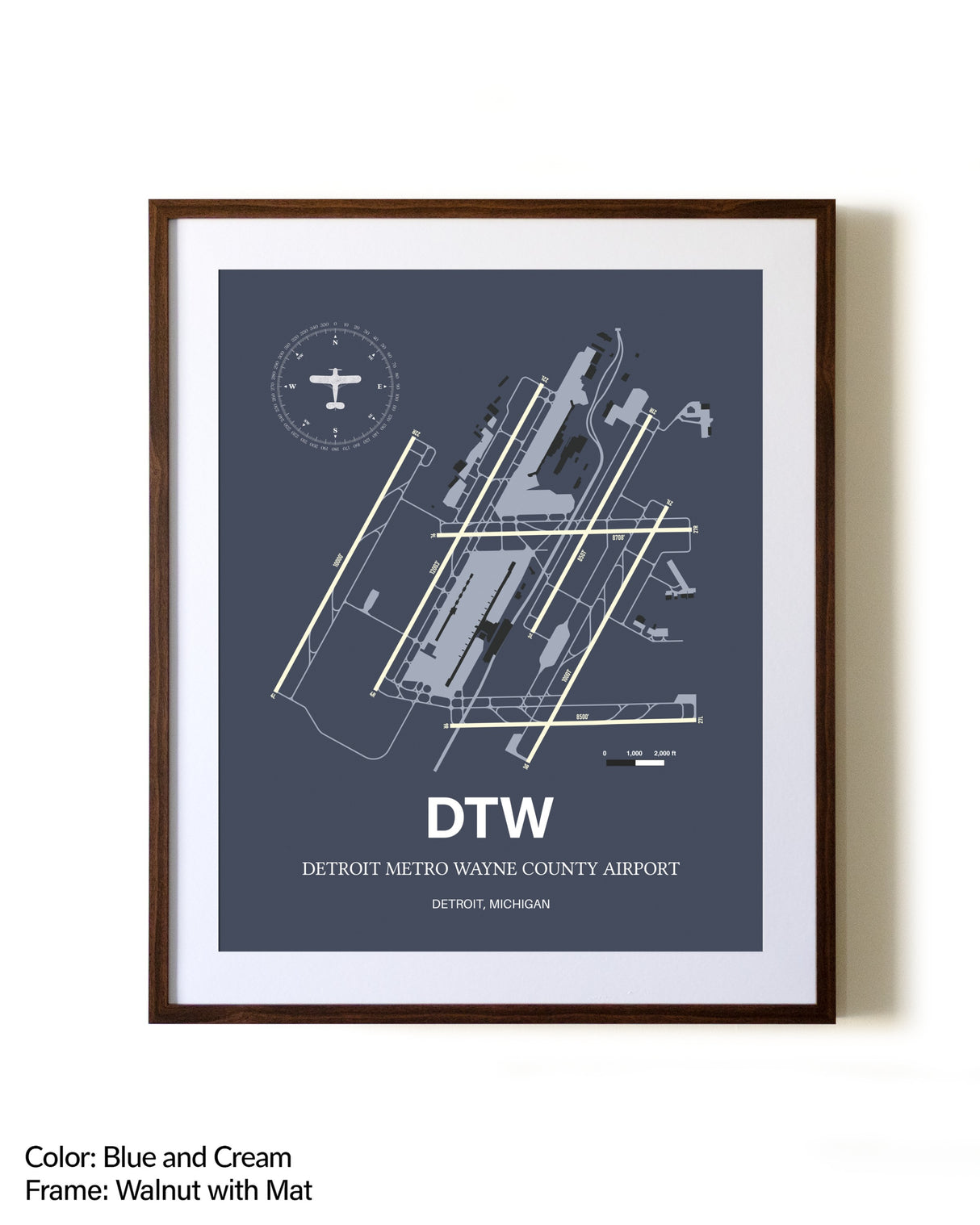 Detroit Metro Wayne County Airport aviation print in walnut frame with mat