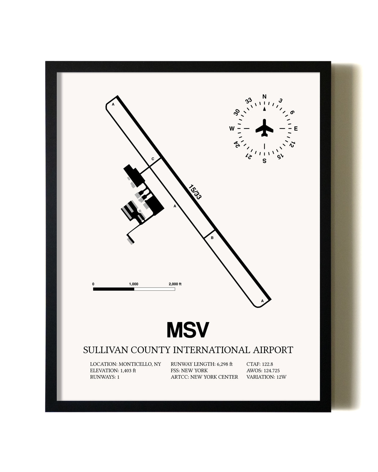 Framed Sullivan County International Airport wall art poster in black frame