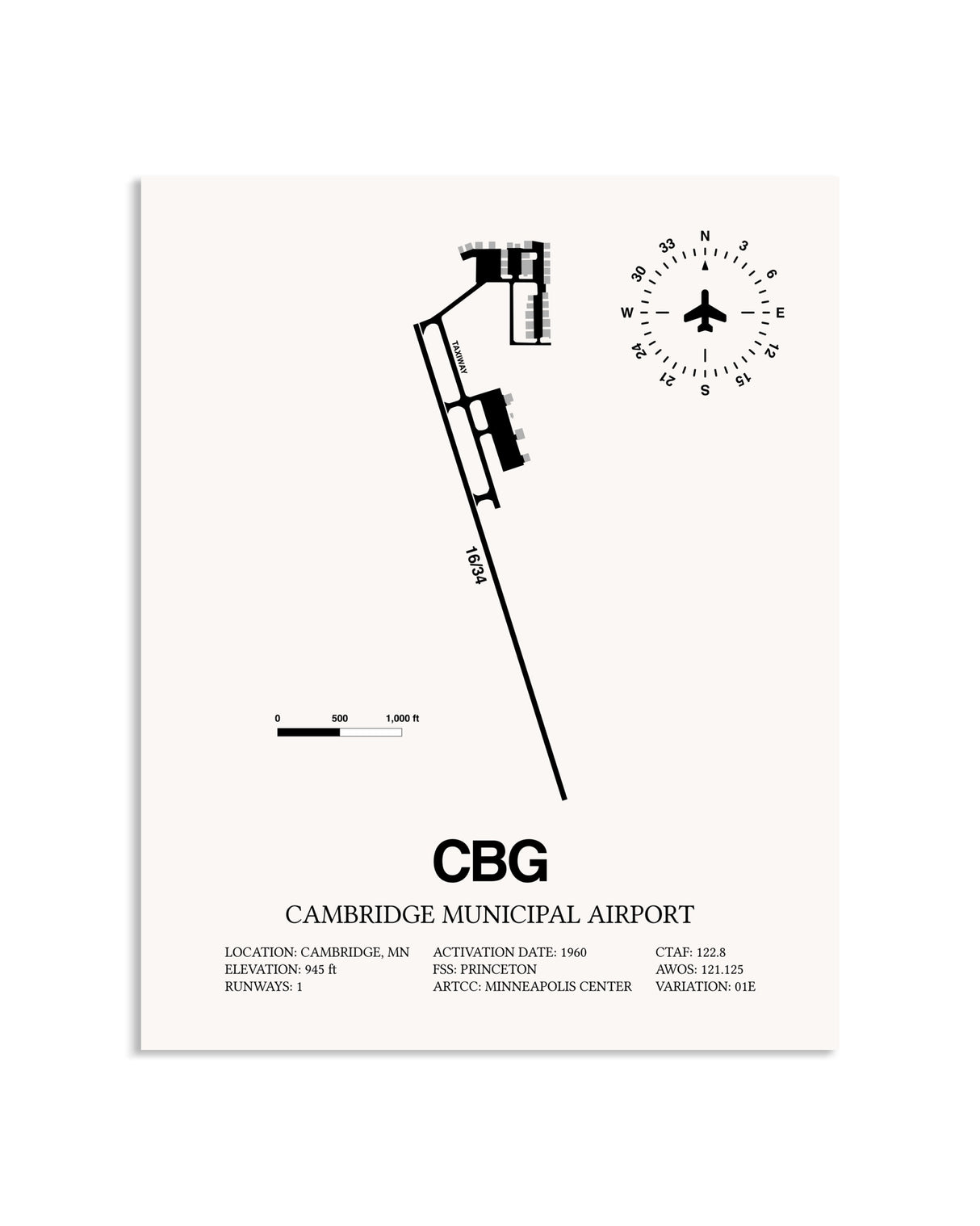 Gray Cambridge Municipal Airport framed poster displayed in an airplane hangar
