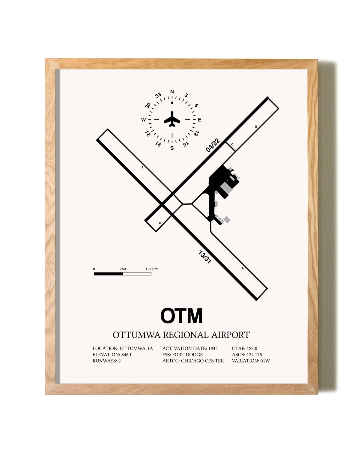 Ottumwa Regional Airport framed print in natural wood frame