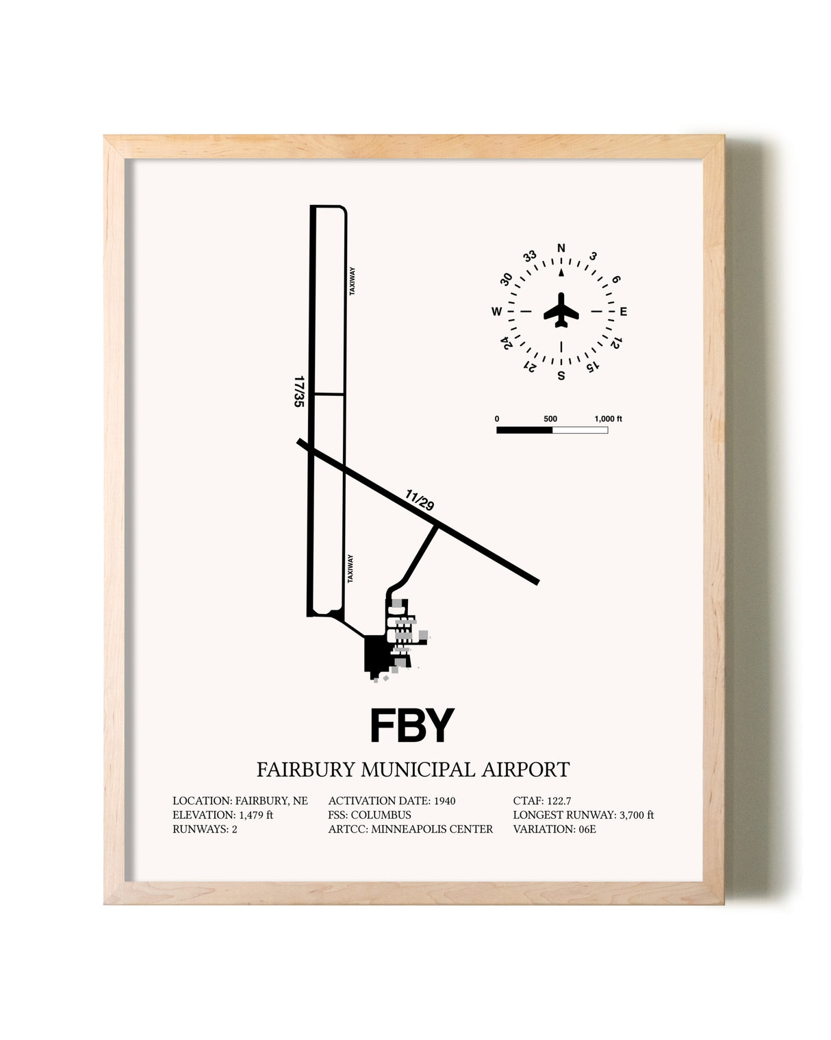 Fairbury Municipal Airport framed wall art in white frame
