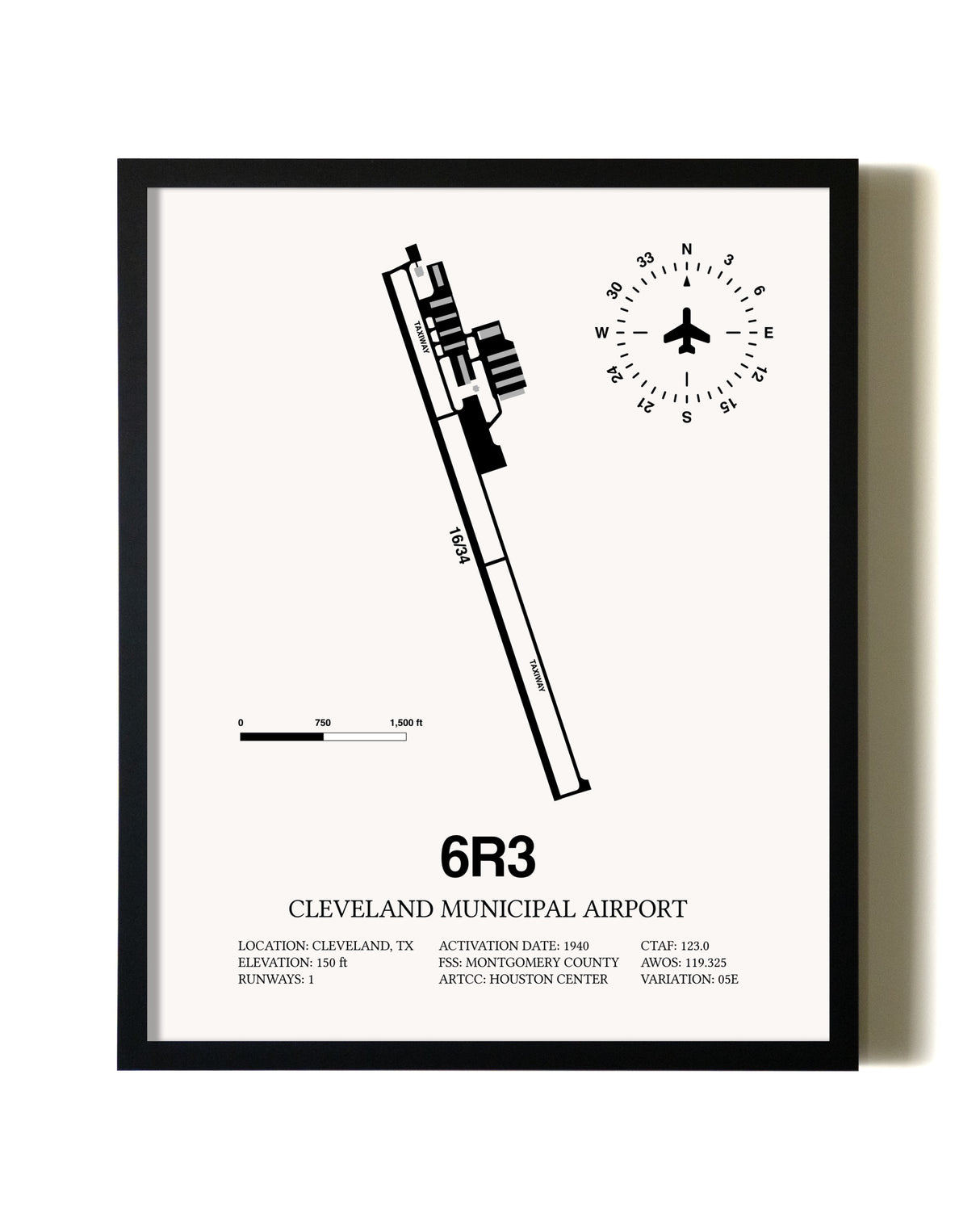 Framed Cleveland Municipal Airport wall art poster in black frame