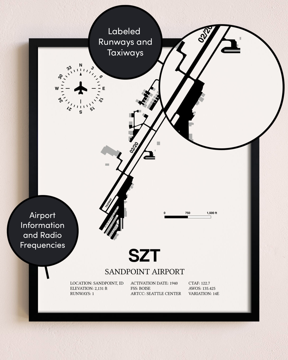 Framed Sandpoint Airport layout wall art poster