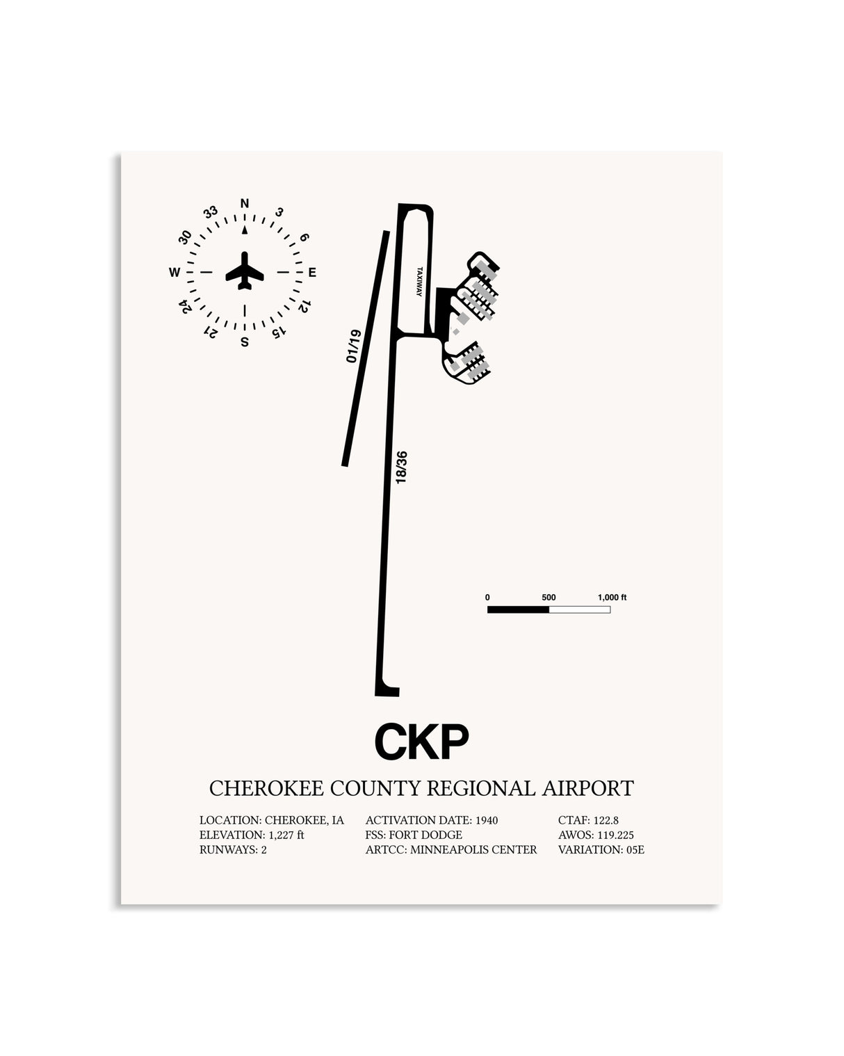 Gray Cherokee County Regional Airport framed poster displayed in an airplane hangar