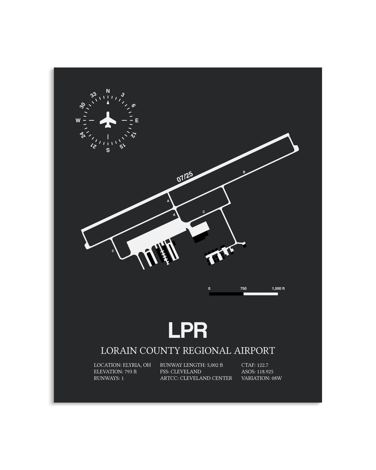 Gray Framed Lorain County Regional Airport layout wall art poster