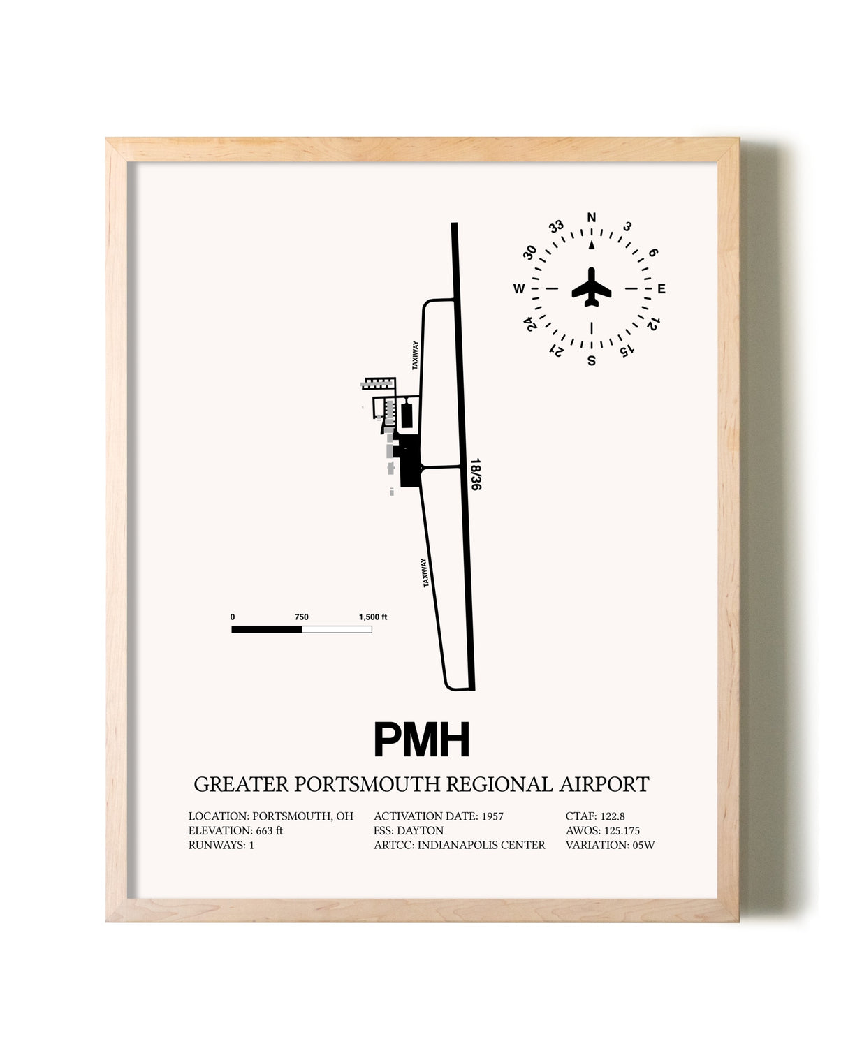 Greater Portsmouth Regional Airport framed wall art in white frame