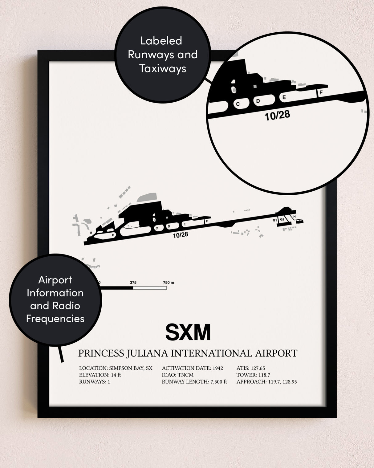 Framed Princess Juliana International Airport layout wall art poster