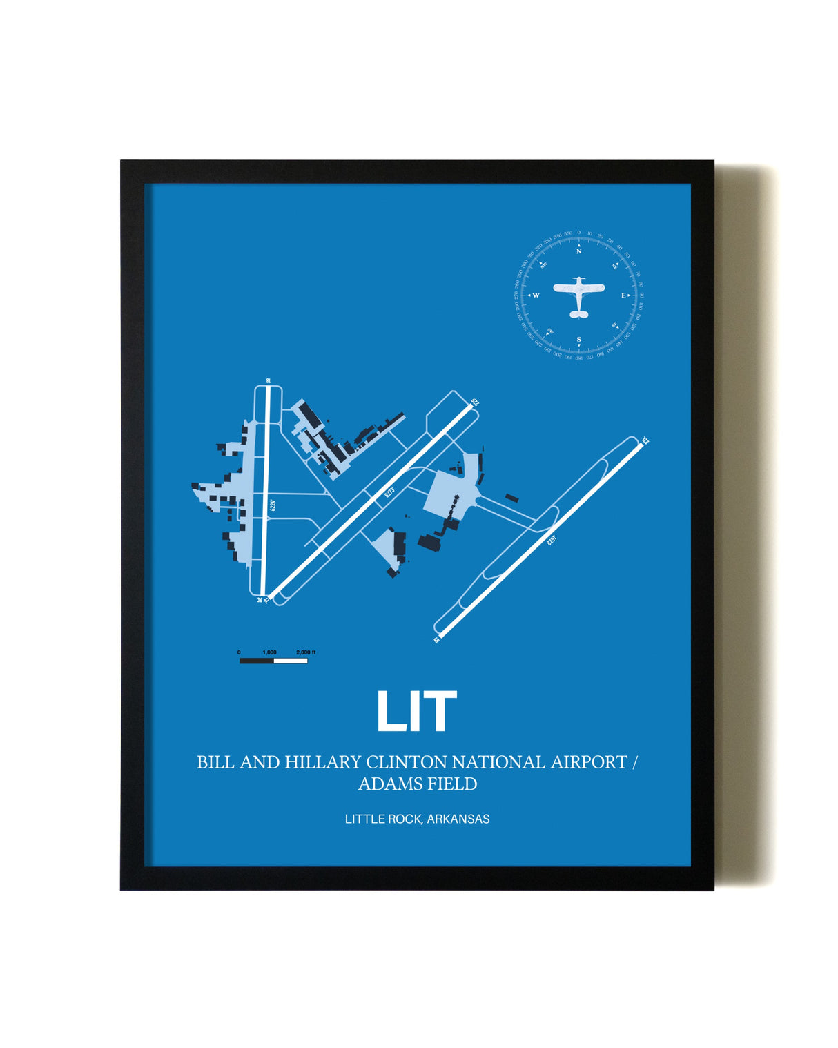 Sky Blue Bill and Hillary Clinton National Airport/Adams Field aviation wall décor in black wood frame