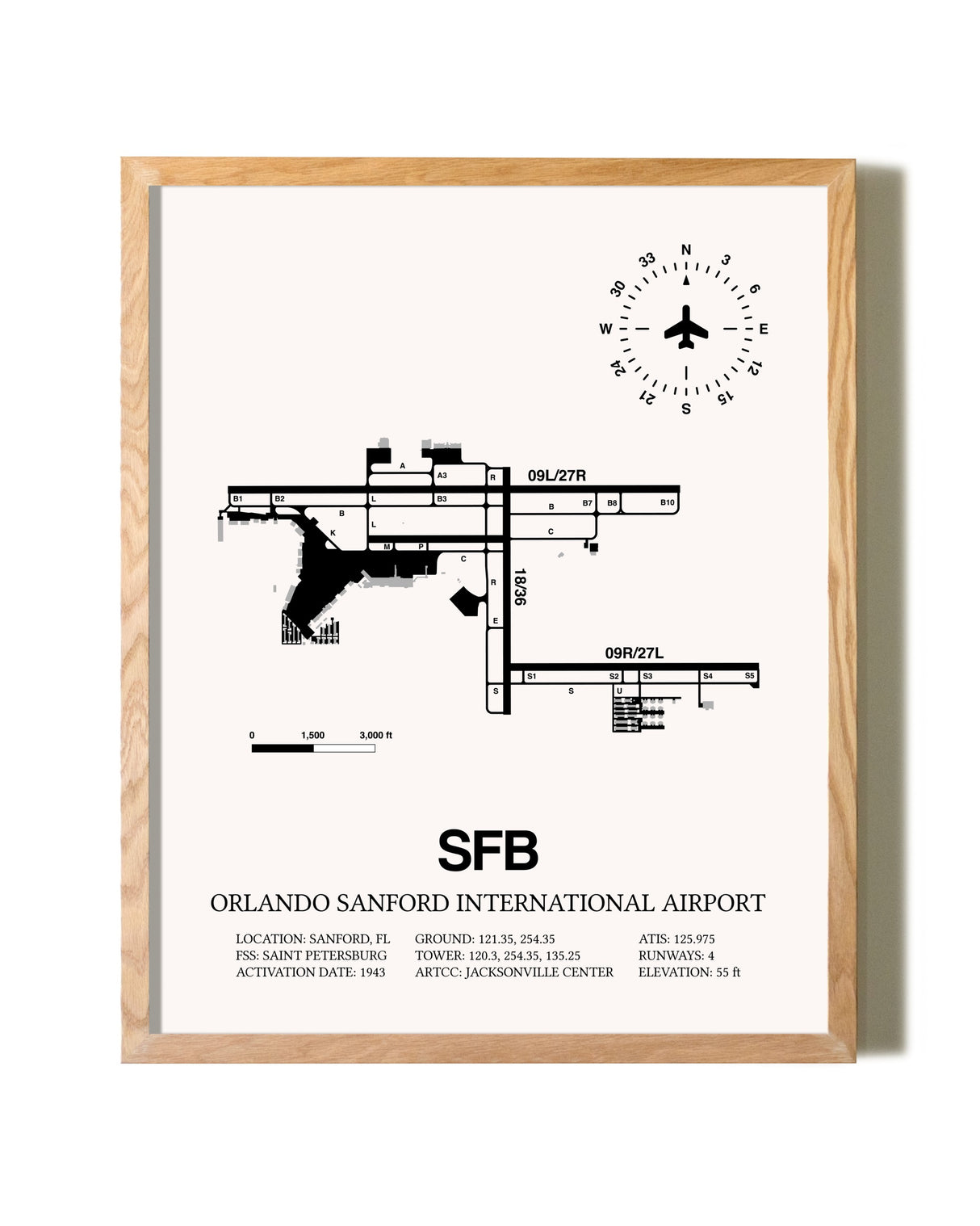 Orlando Sanford International Airport framed print in natural wood frame