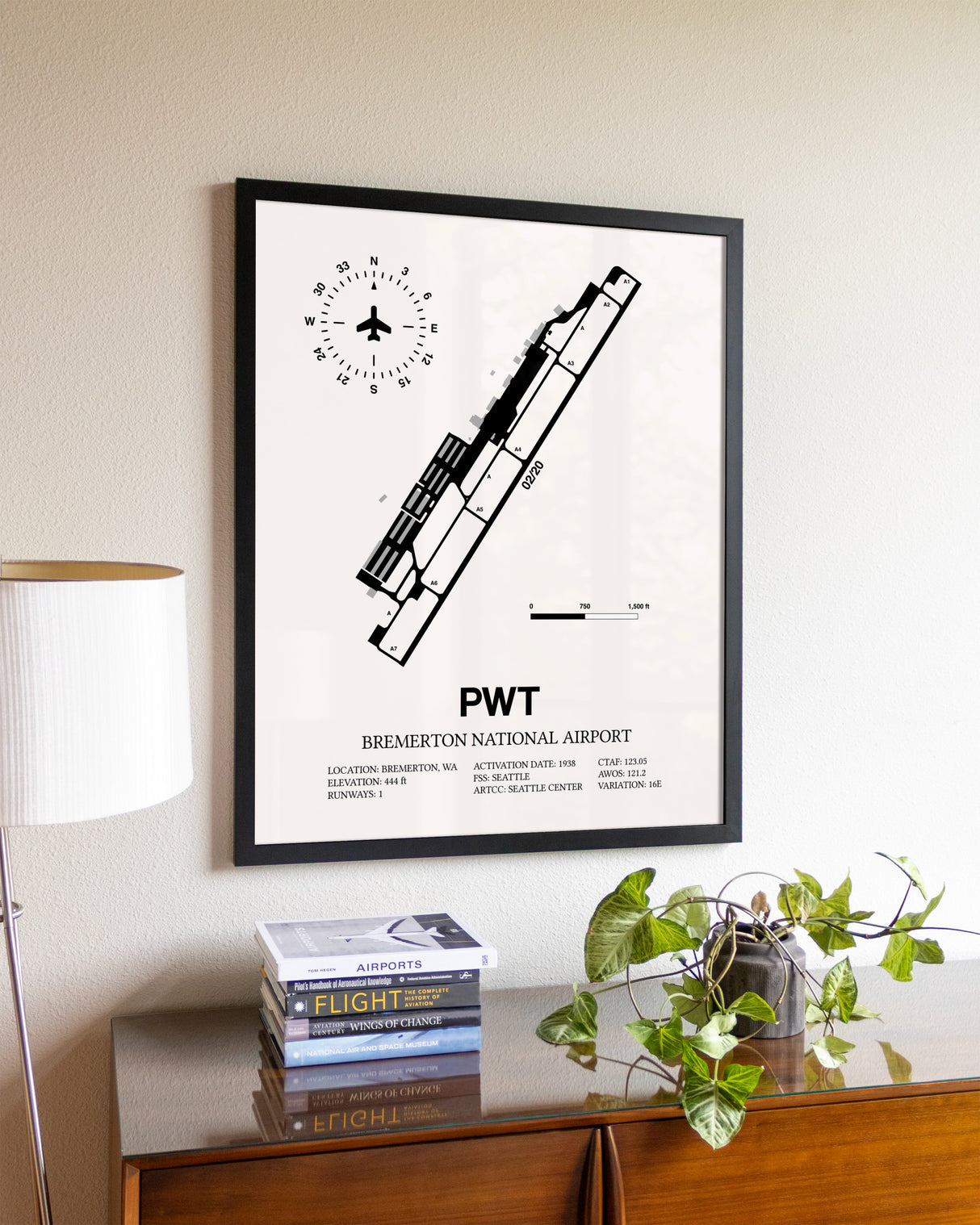 Bremerton National Airport aviation wall décor in black wood frame