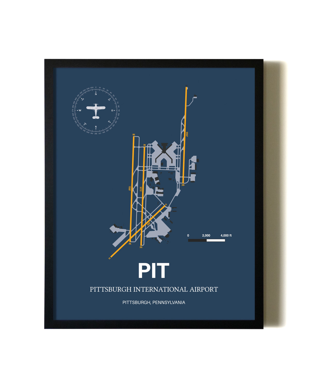 Blue and Yellow Framed Pittsburgh International Airport wall art poster in black frame