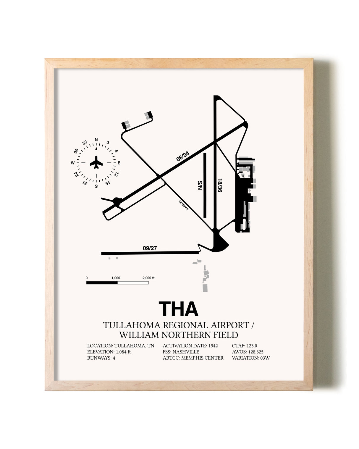 Tullahoma Regional Airport / William Northern Field framed wall art in white frame